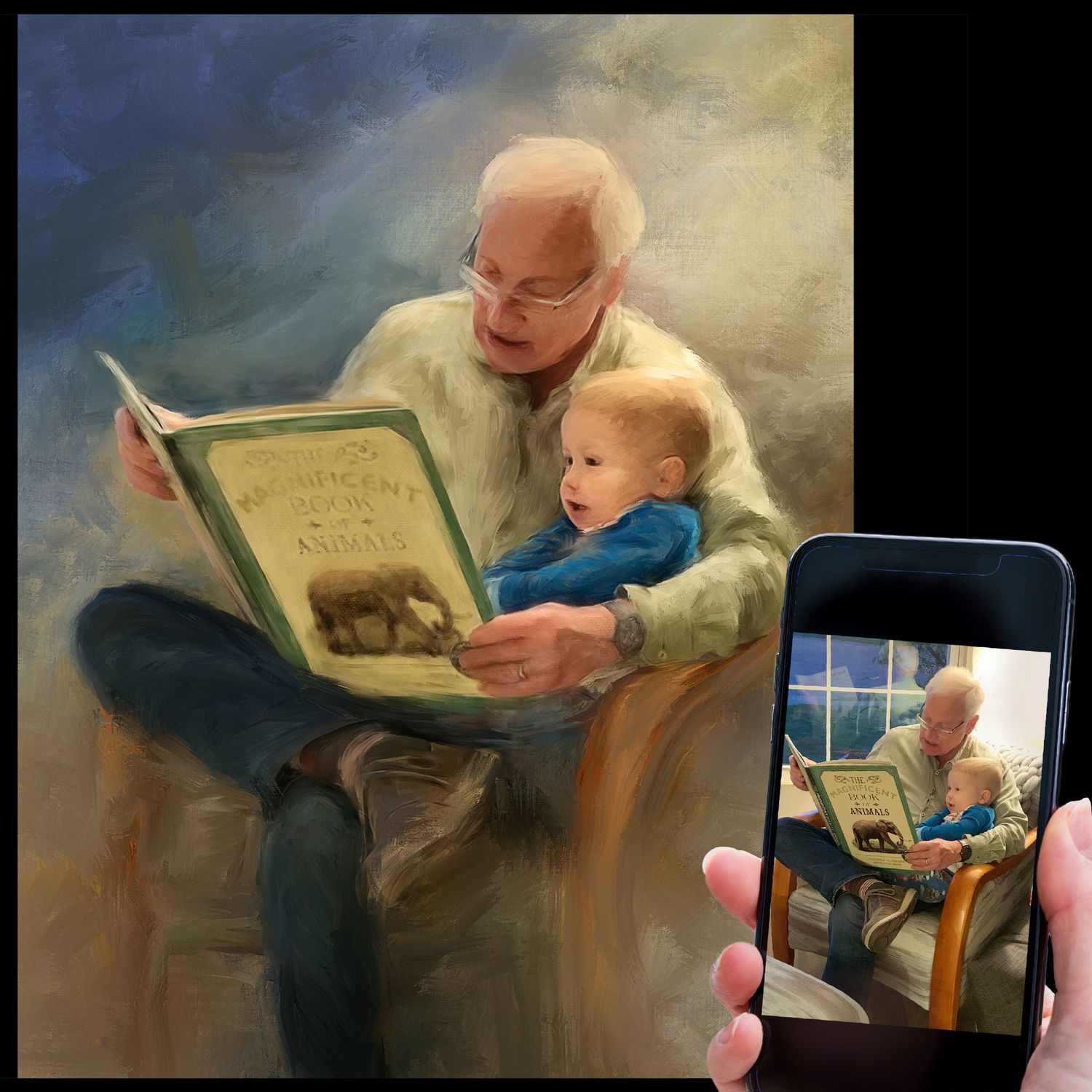 Before and after of a painting commission featuring a grandfather reading a book to his first born grandson.