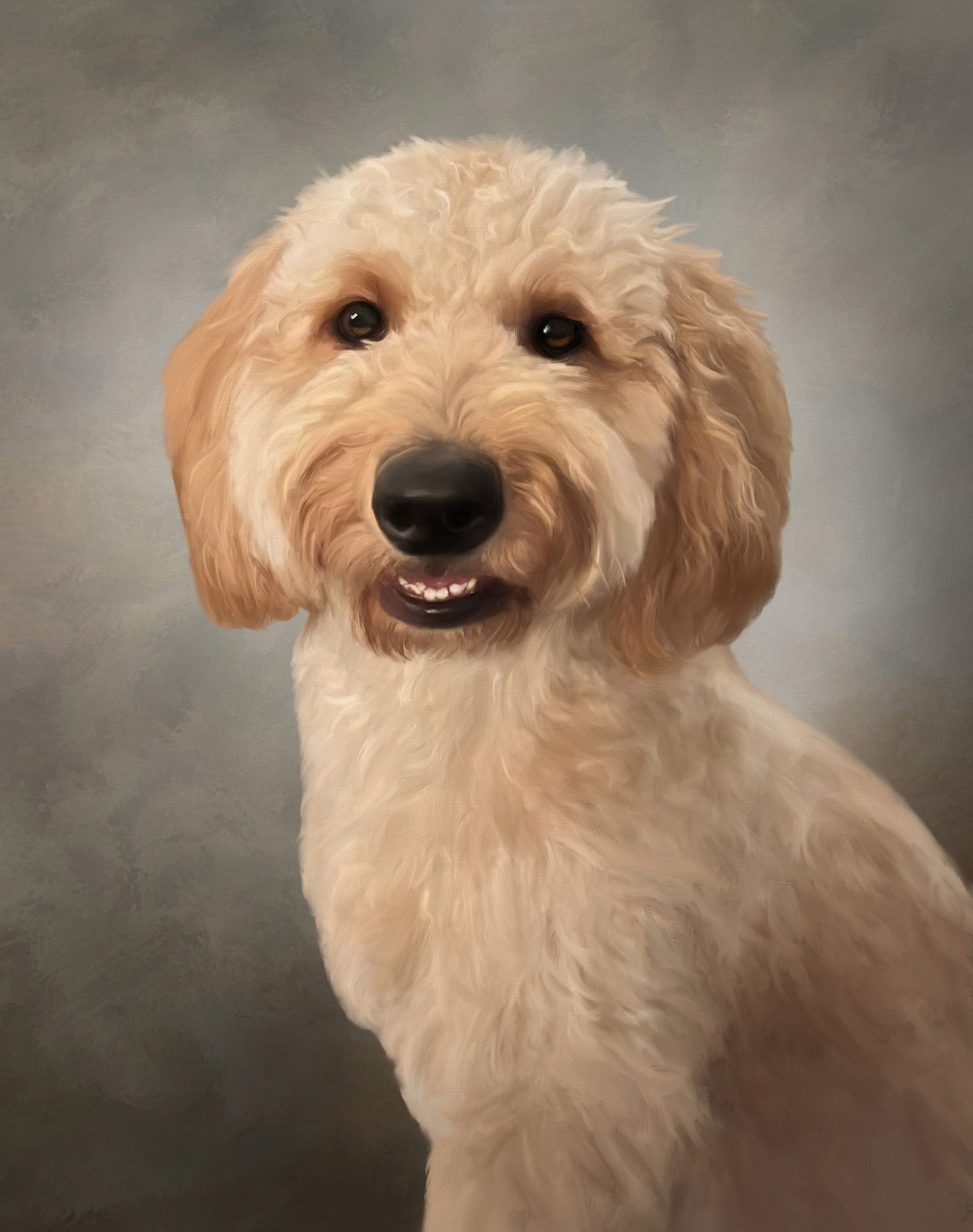 A cream-colored Goldendoodle dog named Lady against a painted background. Winner of Bark The Vote for Dog Mayor of Seaport Boston.