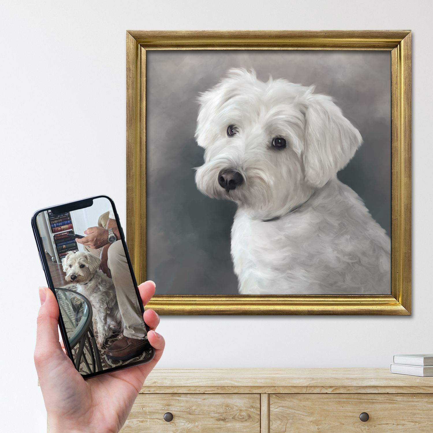 Portrait painting commission of a small white dog, head & shoulders. The original source photo is shown next to the painting.
