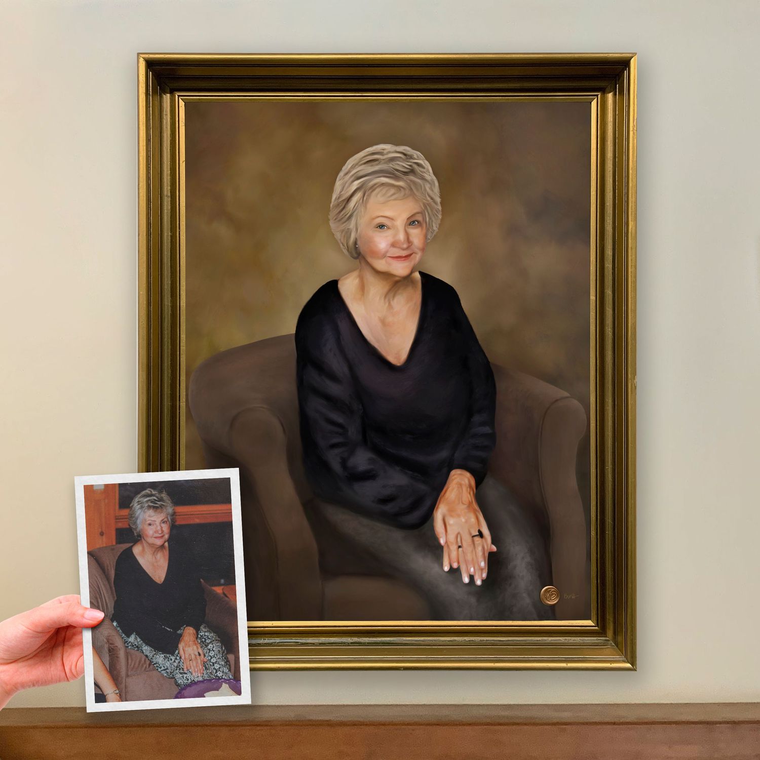 Before and after of a memorial painting commission of a beloved wife. From a favorite photo of her warm expression.