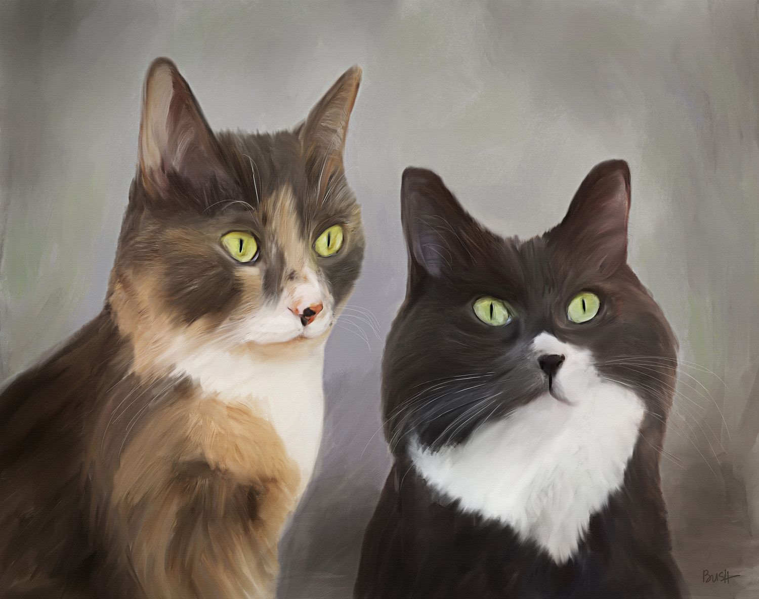 A portrait painting commission of a pair of cats, created from separate photos of each cat.