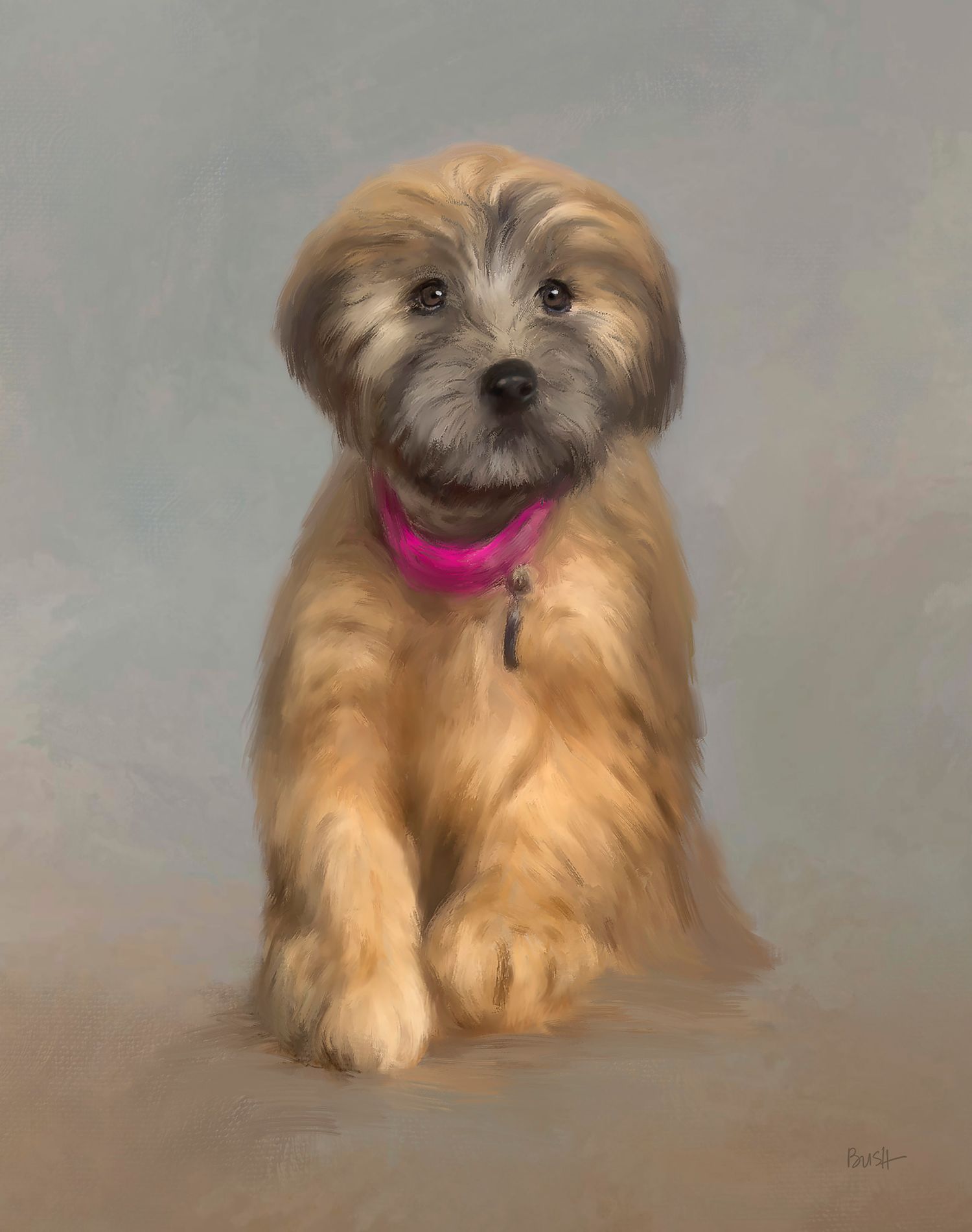 Painting commissions of a small wheaton terrier puppy dog with pink collar.