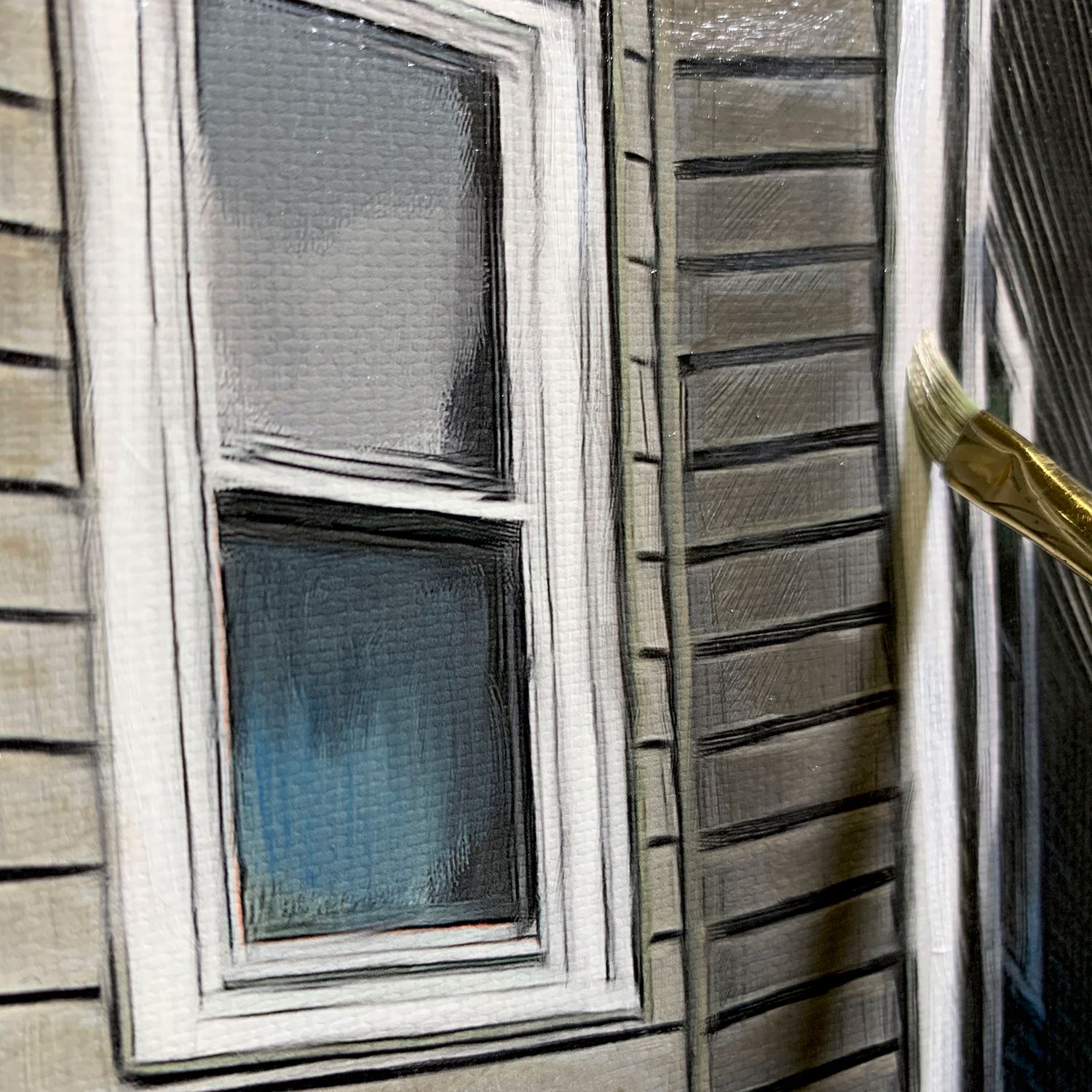 Detailed view of house portrait painting.