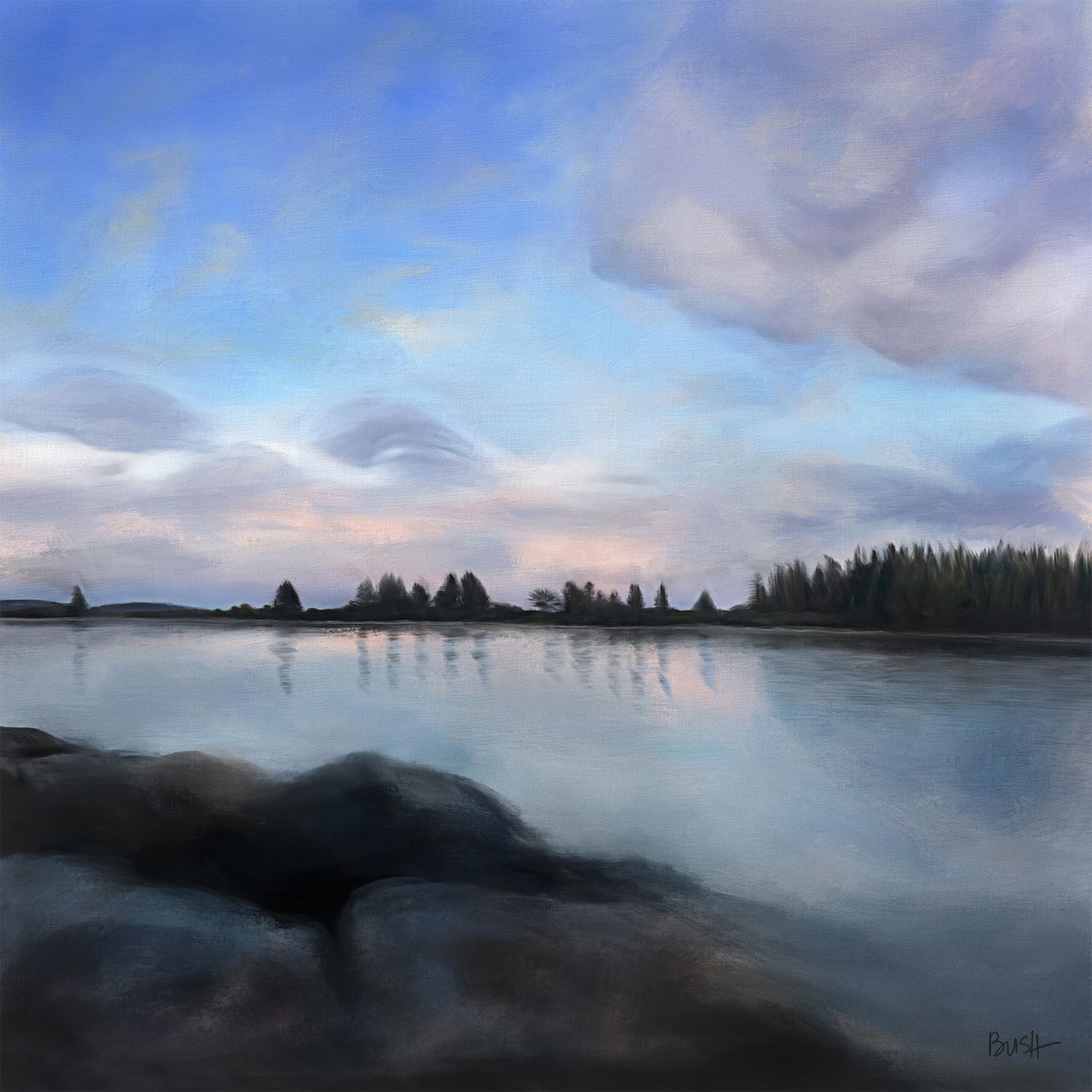 Coastal landscape with distant trees reflecting in still waters at dusk. Landscape painting by Bobbie Bush.