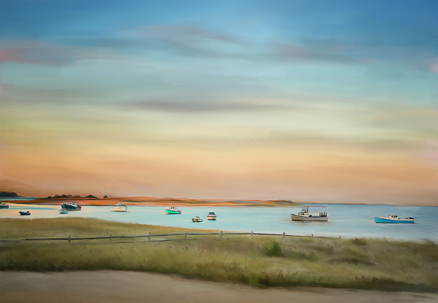 Custom artwork of a serene coastal landscape at sunset with small boats in calm waters near grassy dunes. Celebrating a wedding anniversary.