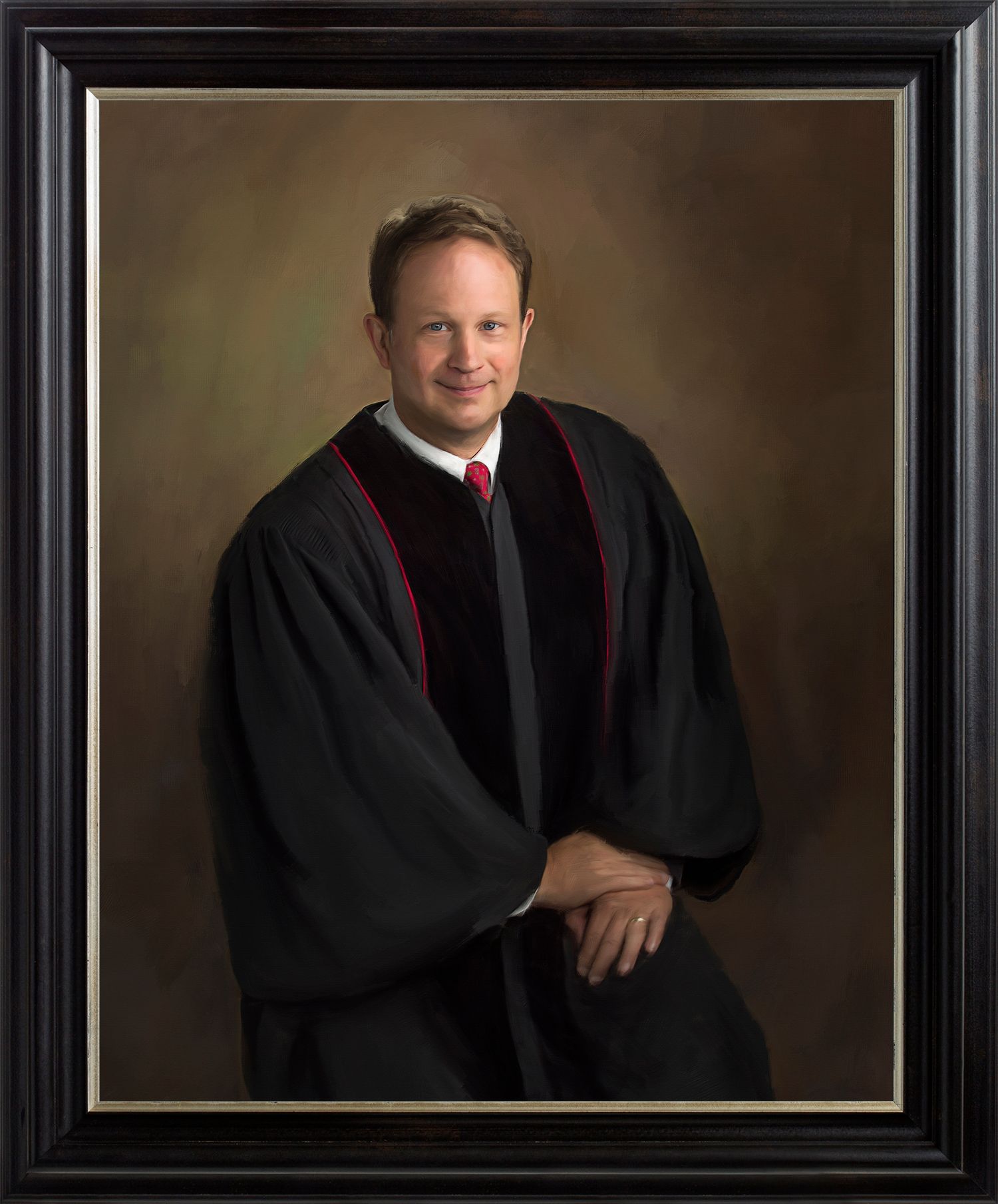 Portrait painting of a reverend in his traditional black robes.