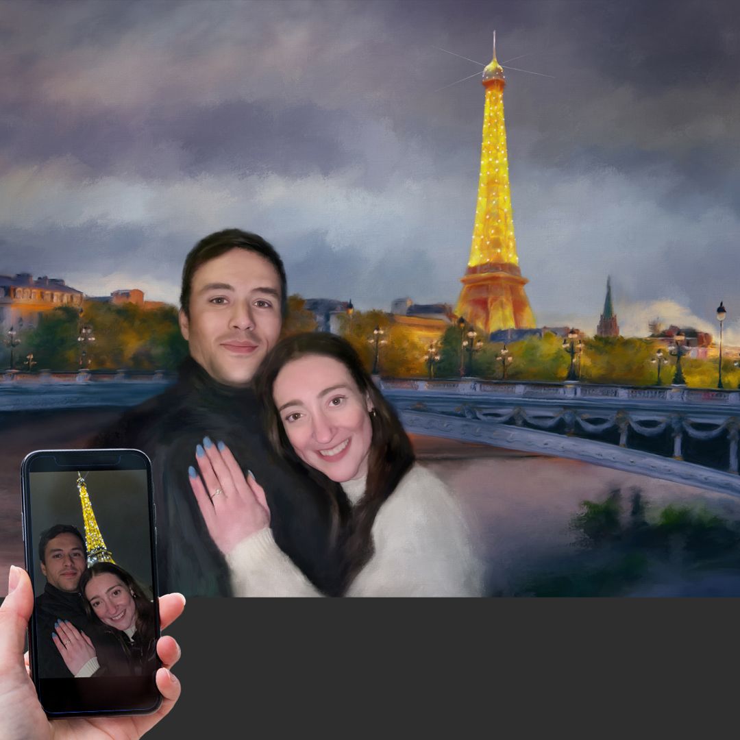 engagement portrait painting under the Eiffel Tower, from photo to painting