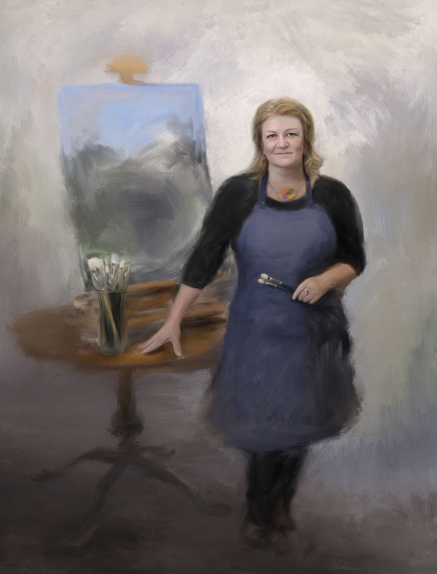 Portrait painting of the artist standing beside a table and easel in a painting studio setting.