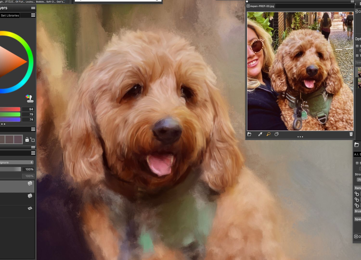 Work in progress of a goldendoodle dog's face being painted in painting software.