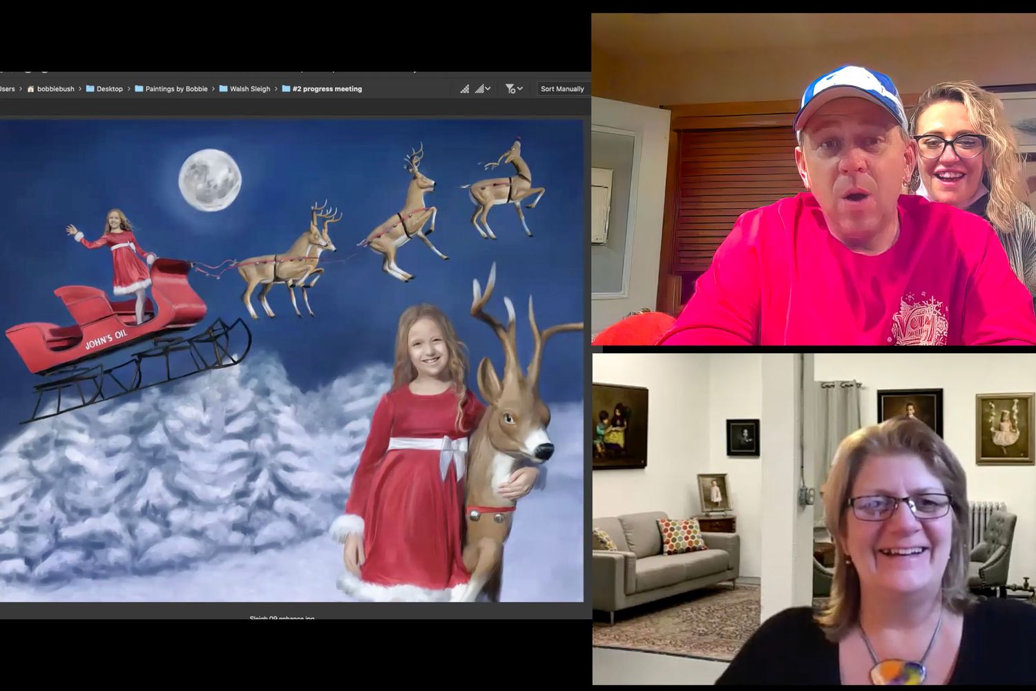 Revealing custom artwork in a zoom meeting showing Santa's sleigh flying over snowy mountains in moonlight.