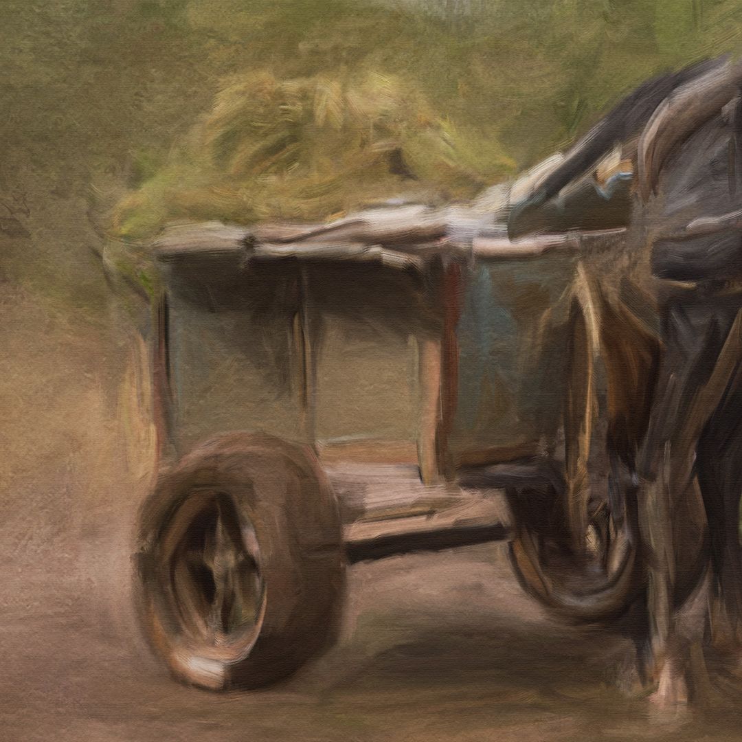 Detail of a painting, showing a horse drawn cart.  A personal painted work by Bobbie Bush, from Cuba.