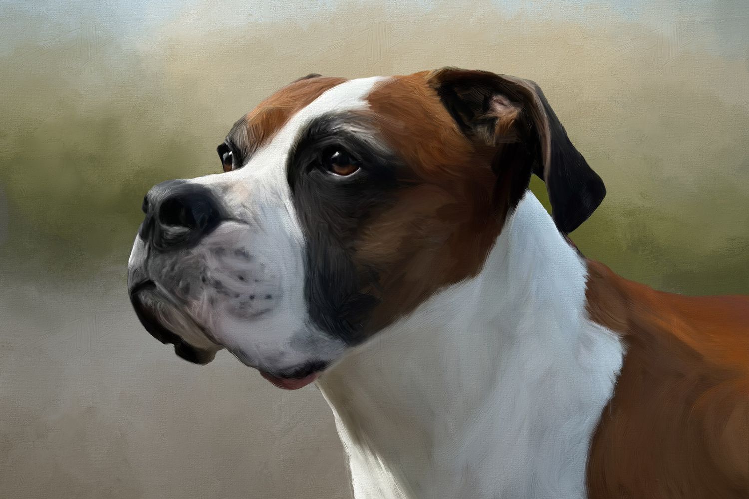 A noble portrait painting of a brown and white boxer dog  in profile.