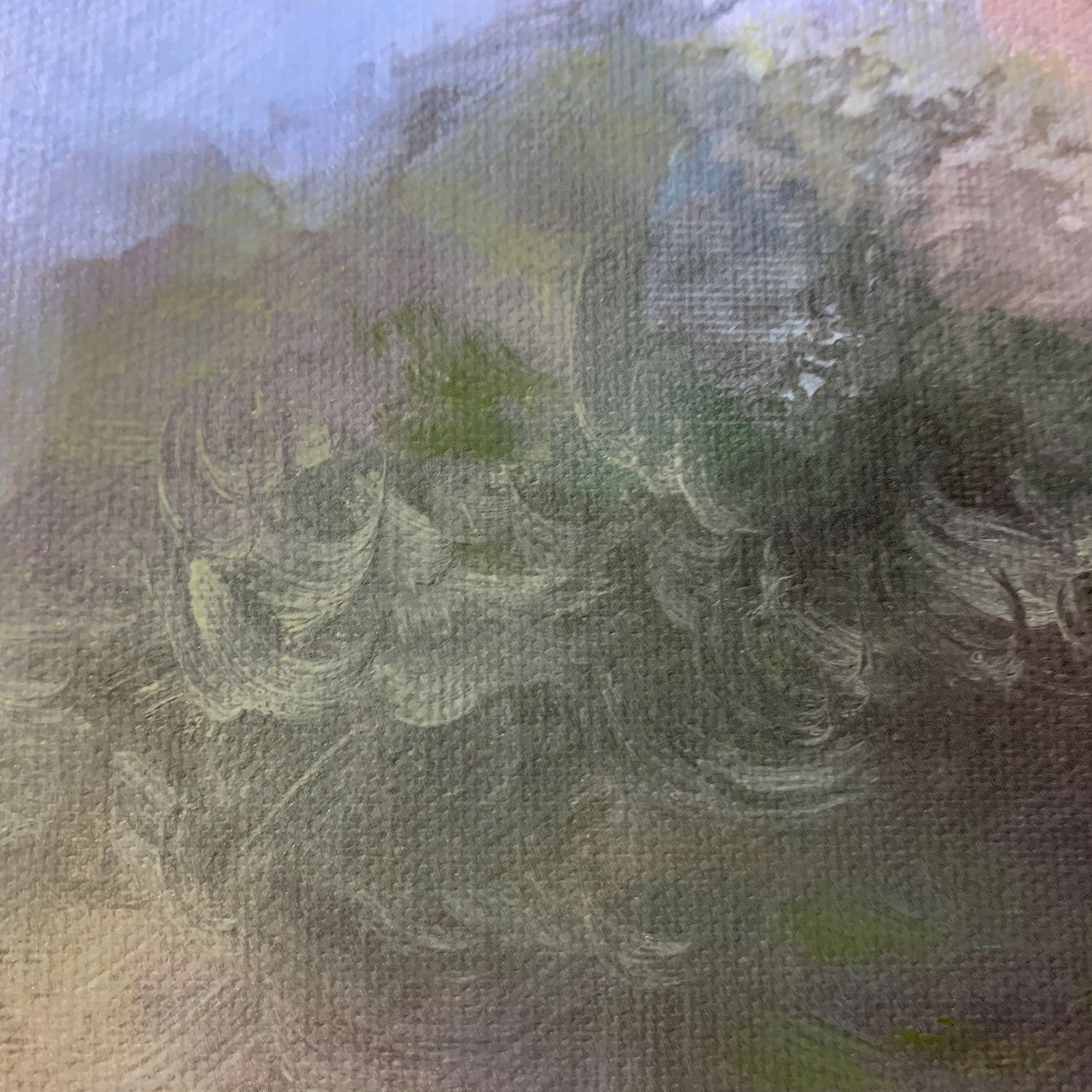 Detail of a painting in progress with textured brushstrokes in earthy green and brown tones on canvas.