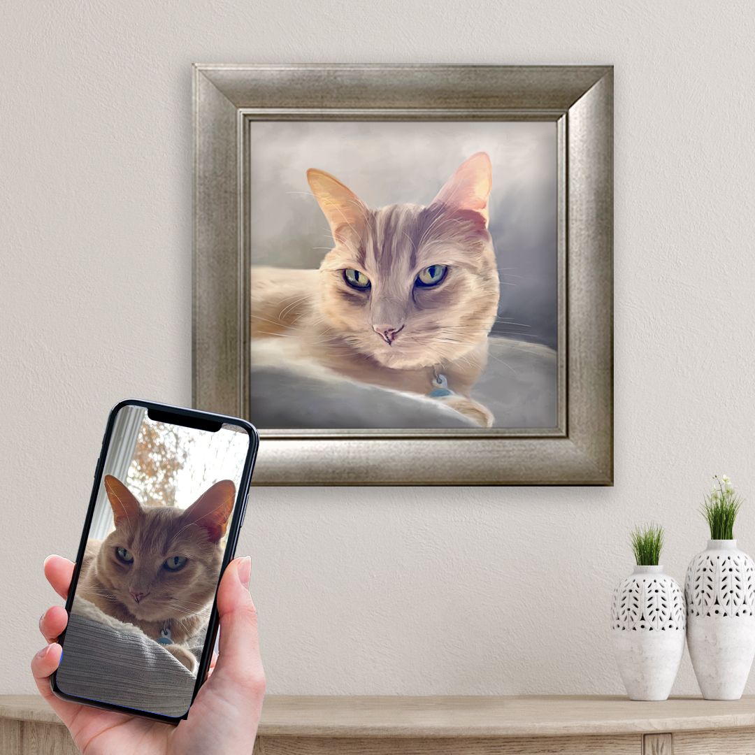 Before and after of a tabby cat pet portrait, from a snapshot to a beloved painting.