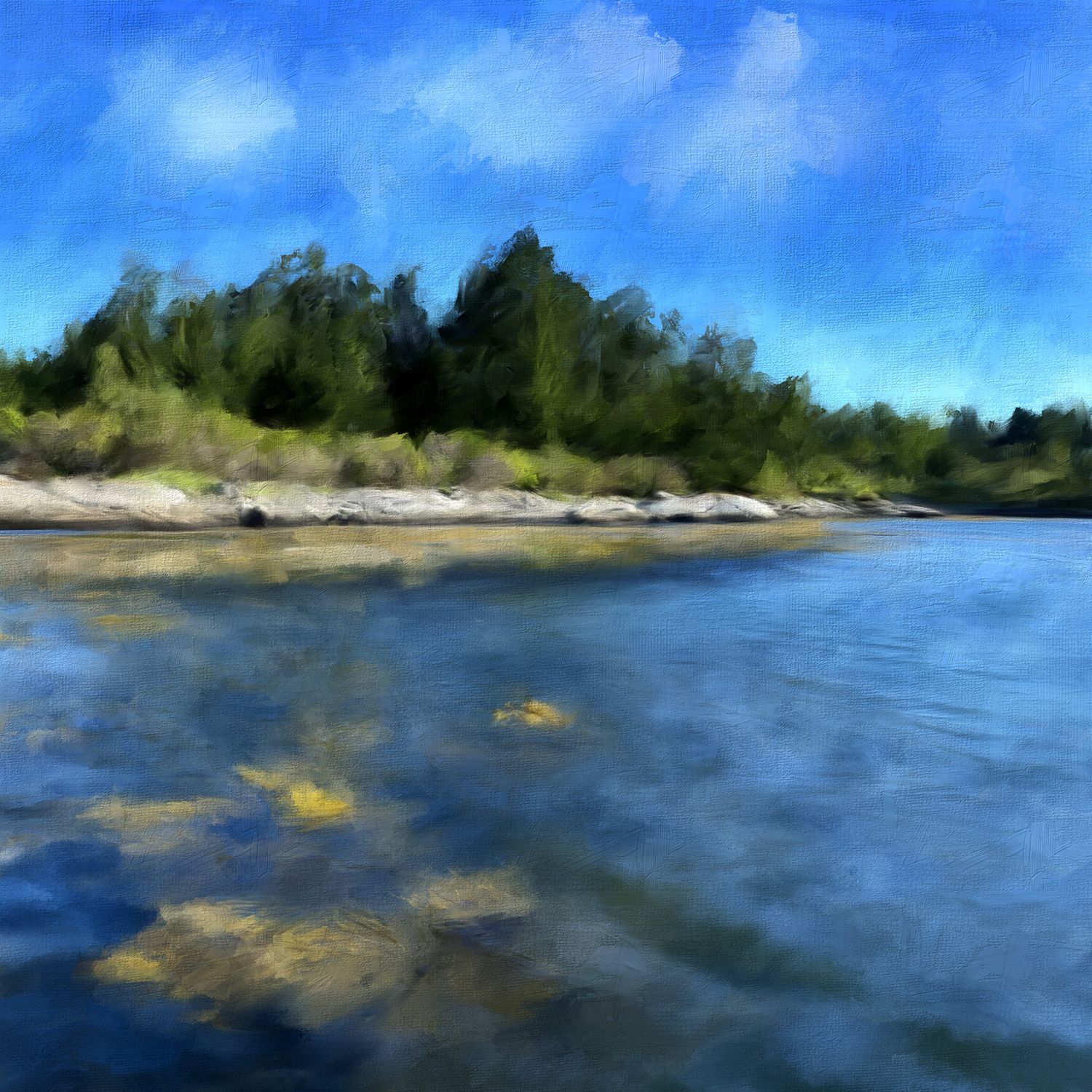 Rocky coastline with evergreen forest and calm blue waters under summer sky. Landscape painting by Bobbie Bush.