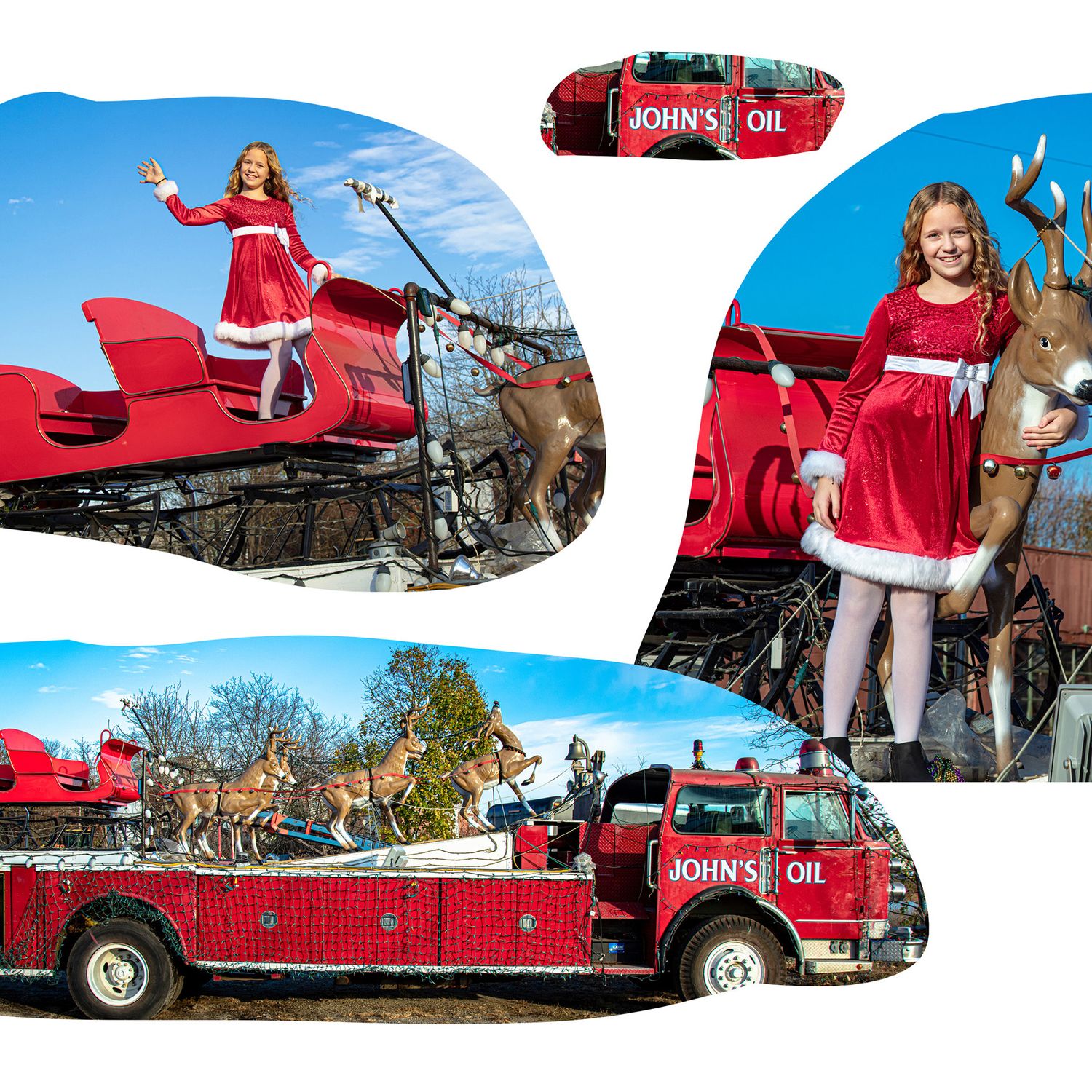 Multiple source images of a red vintage truck with reindeer and Christmas decorations.