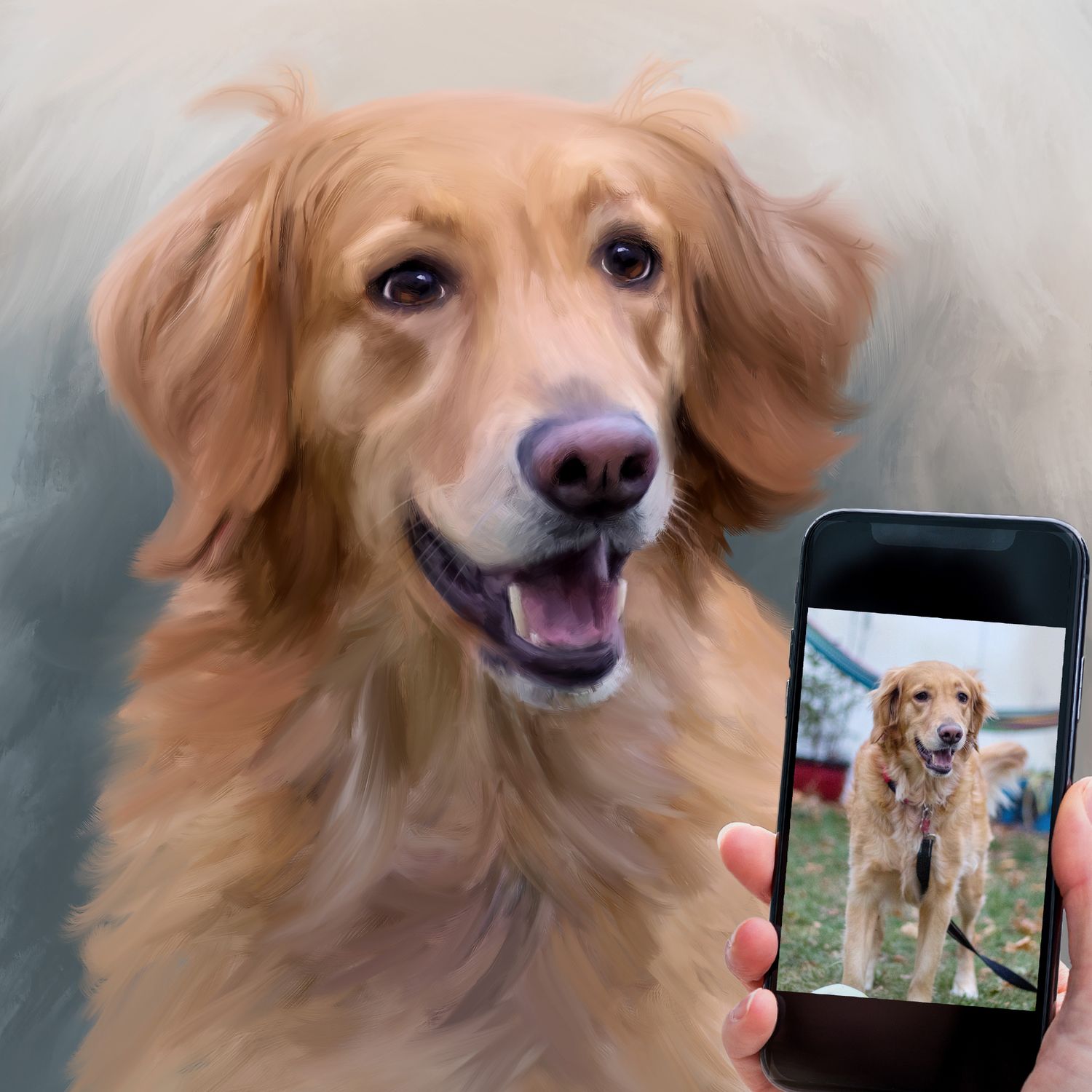 A painted portrait of a smiling golden retriever shown next to reference photo on smartphone.