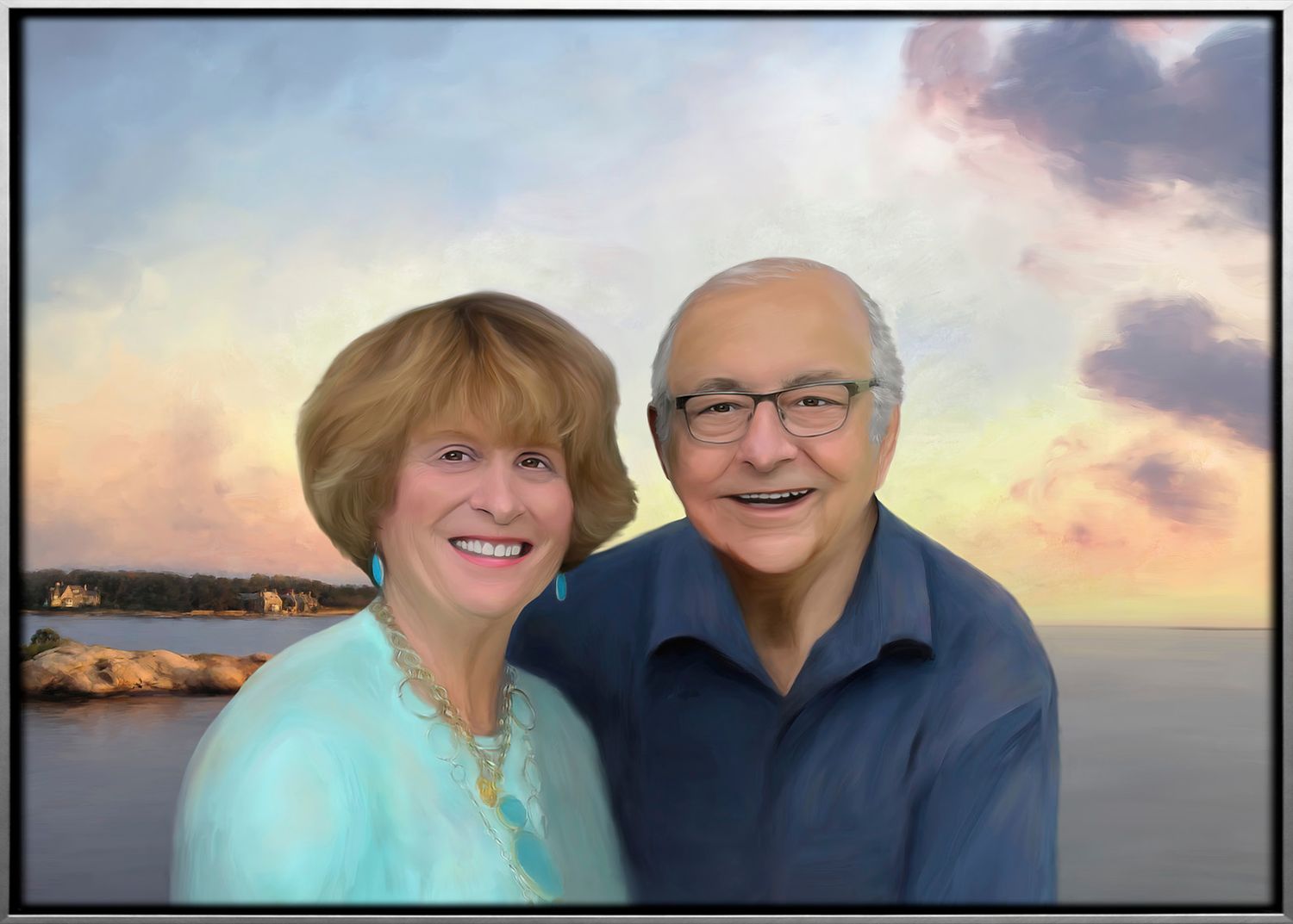 Portrait painting commission of a couple placed in front of a favorite location and colorful evening sunset sky.