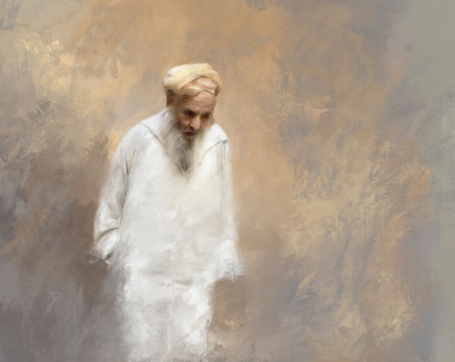 Impressionistic painting in muted shades of ochre depicting a contemplative figure in white, in Morocco.