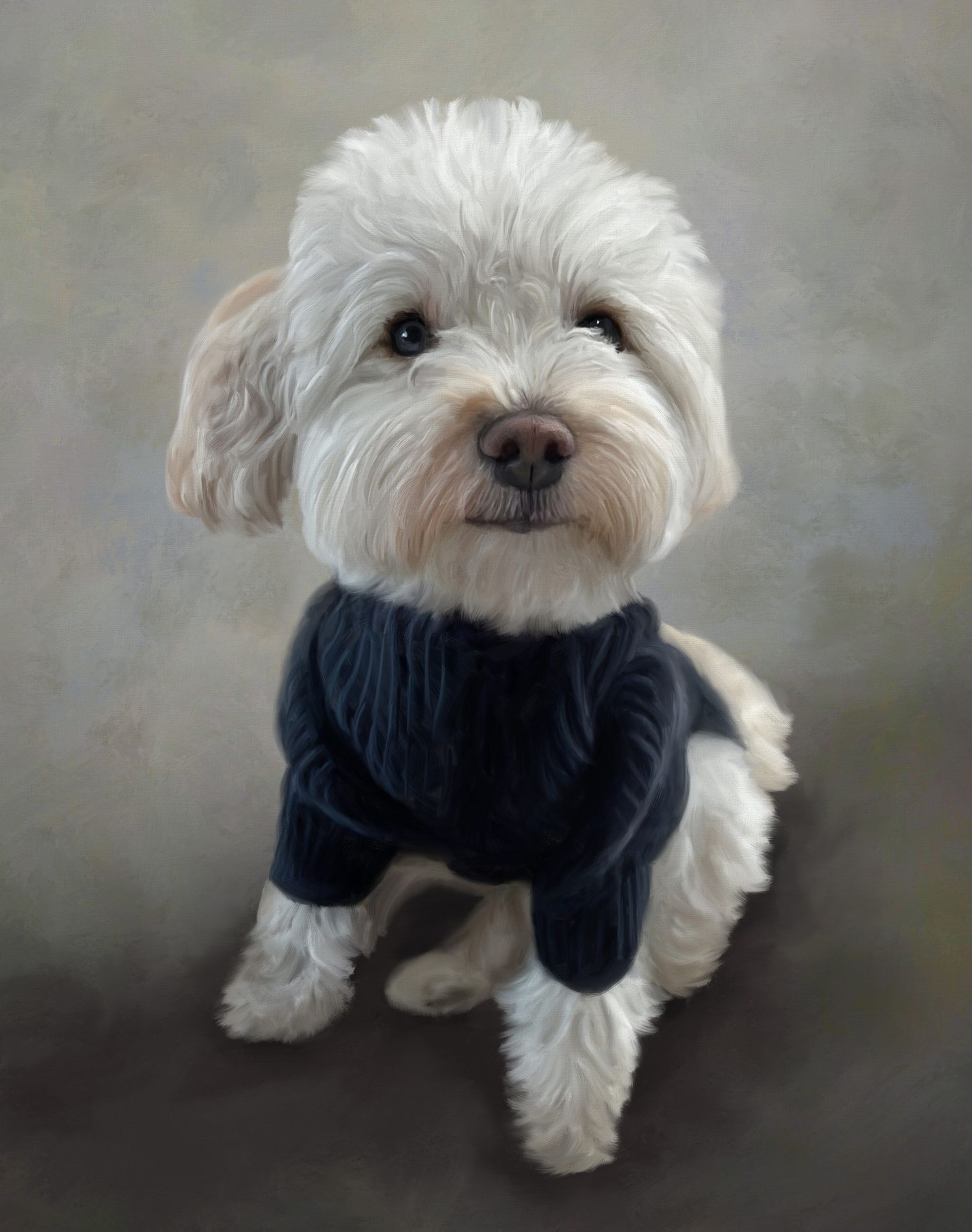 A pet painting of a small Maltipoo dog named Rhu wearing a navy blue knit sweater. Winner Bark The Vote for Dog Mayor of Seaport Boston.