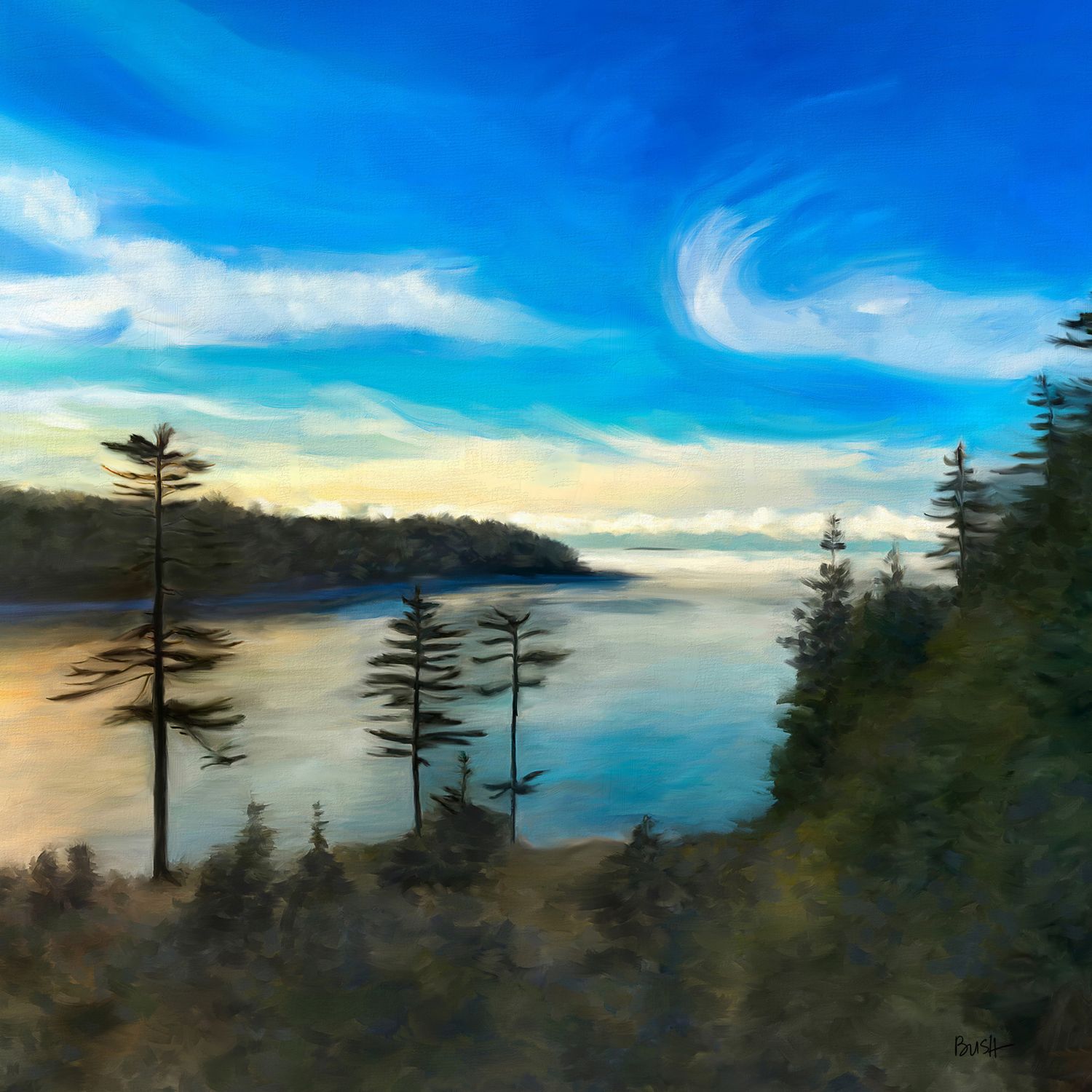 Silhouetted pines stand against a vibrant blue sky at sunset along a coastal shoreline. Landscape painting by Bobbie Bush.