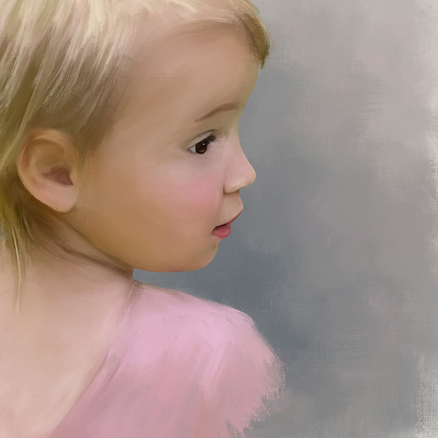 Detail of a portrait painting of a young girl showing soft profile view in pastel pink and gray tones.