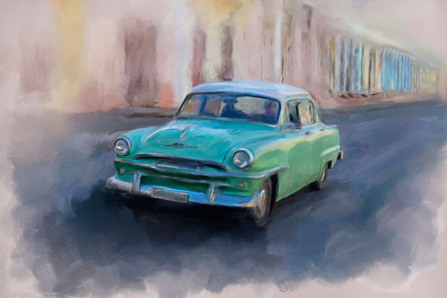 Painted rendering of vintage classic car in Cuba.