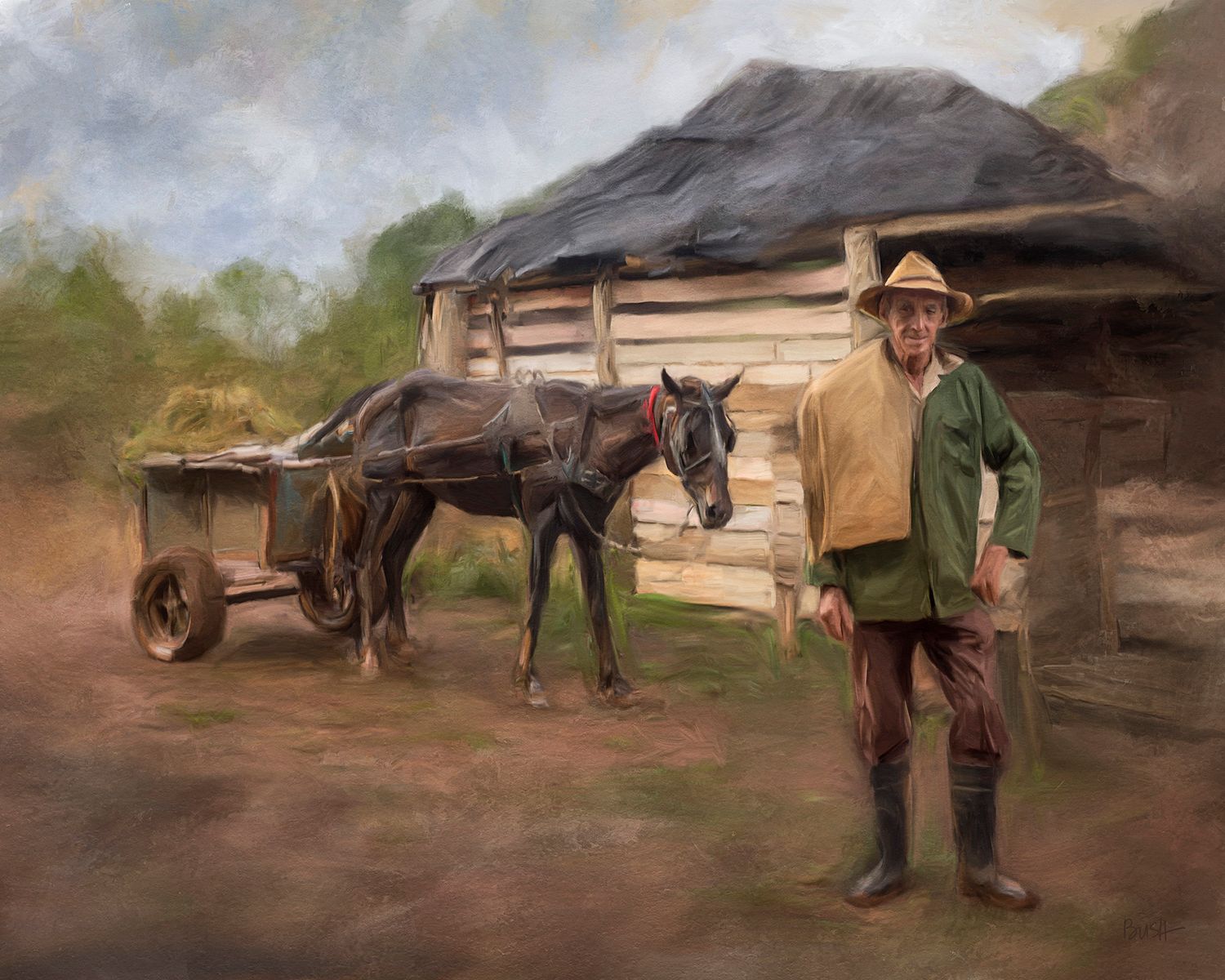 Personal painting by Bobbie Bush from her Cuba travels. A painting of a rural farmer, El Campesino, where he grows tobacco.