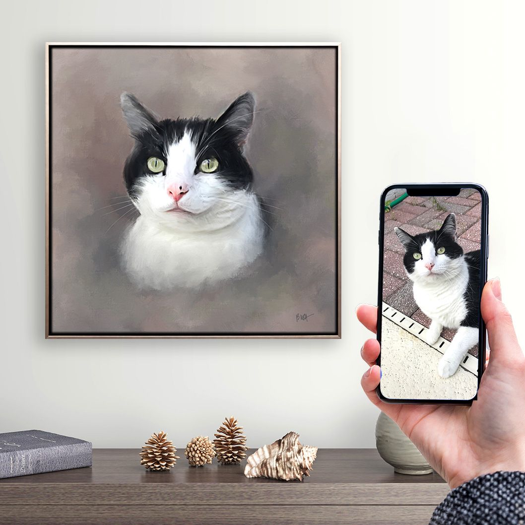 Before and after portrait painting of a black and white cat named Daisy.