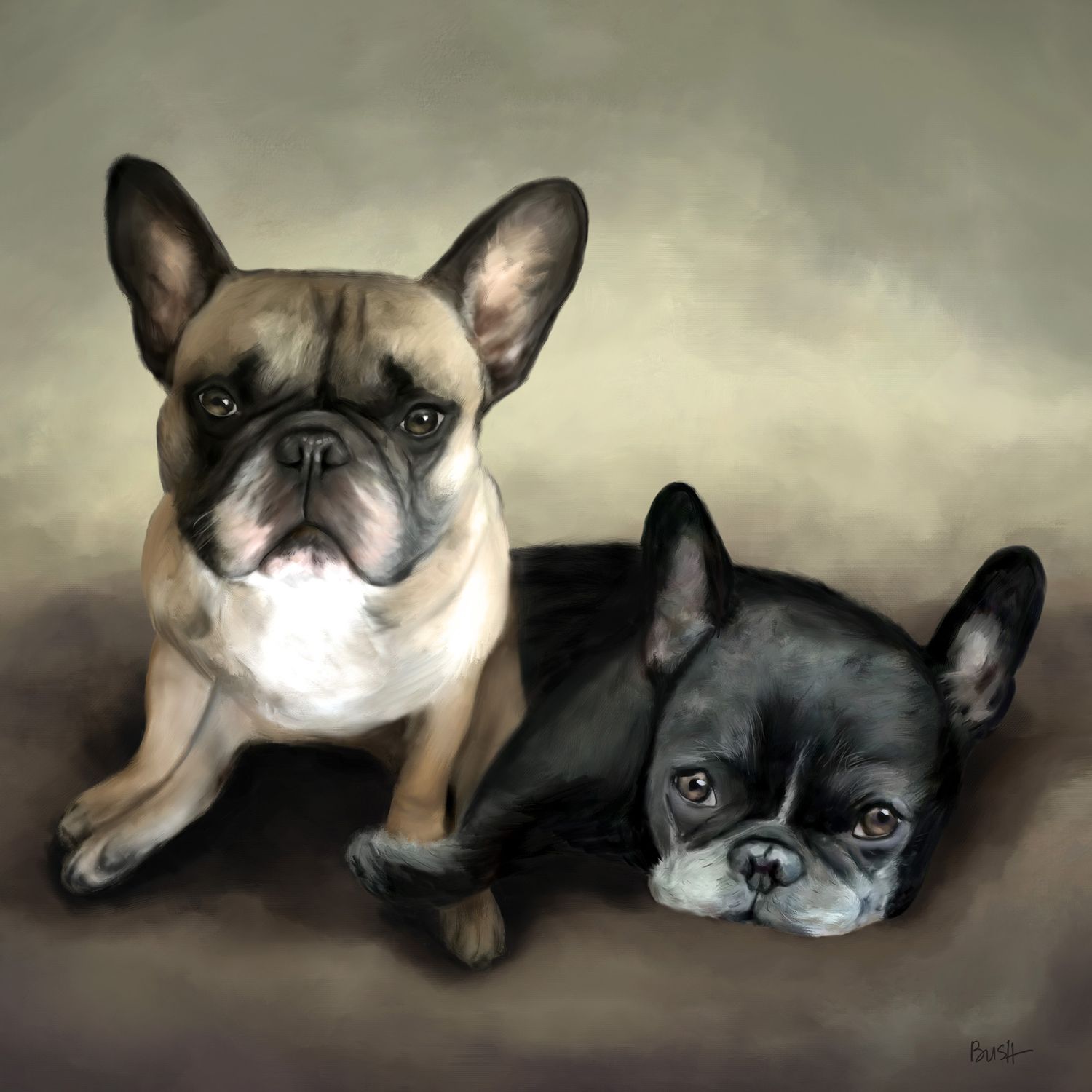 A memorial portrait painting of a pair of beloved French Bulldogs, created from two separate source photos blended together.