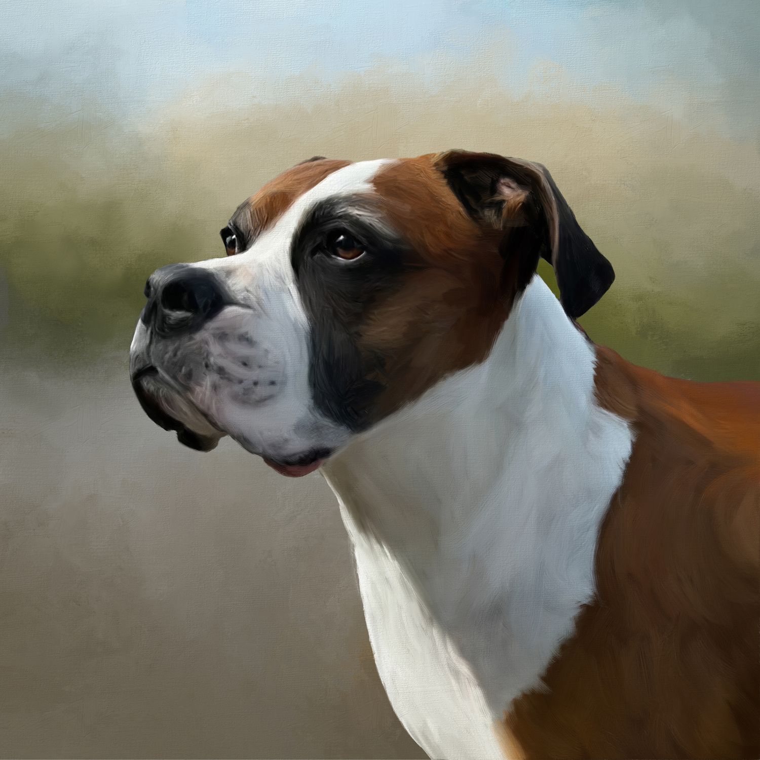 A handsome pet portrait commission of a brown and white boxer dog in profile.