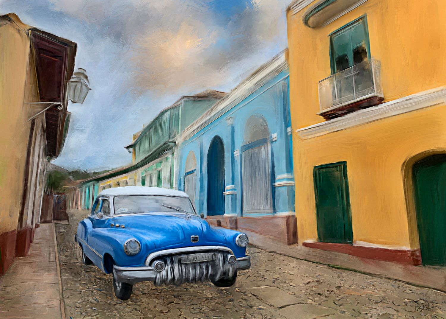 Personal painting by Bobbie Bush from her Cuba travels. A colorful Cuban street scene with vintage cars and pastel buildings.