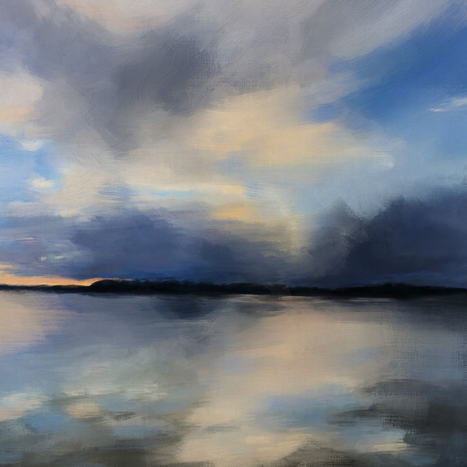 Painting by Bobbie Bush of a golden sunset reflected on calm waters of coastal Maine with a dramatic sky.