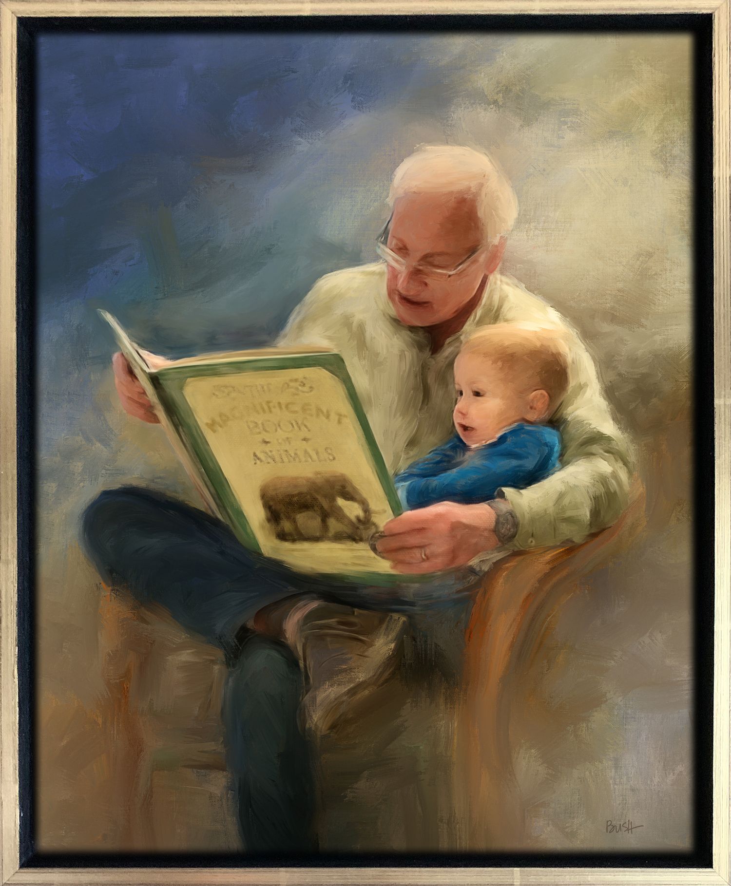 Heartwarming painting commission of a grandfather reading to his grandson, created from a simple snapshot.