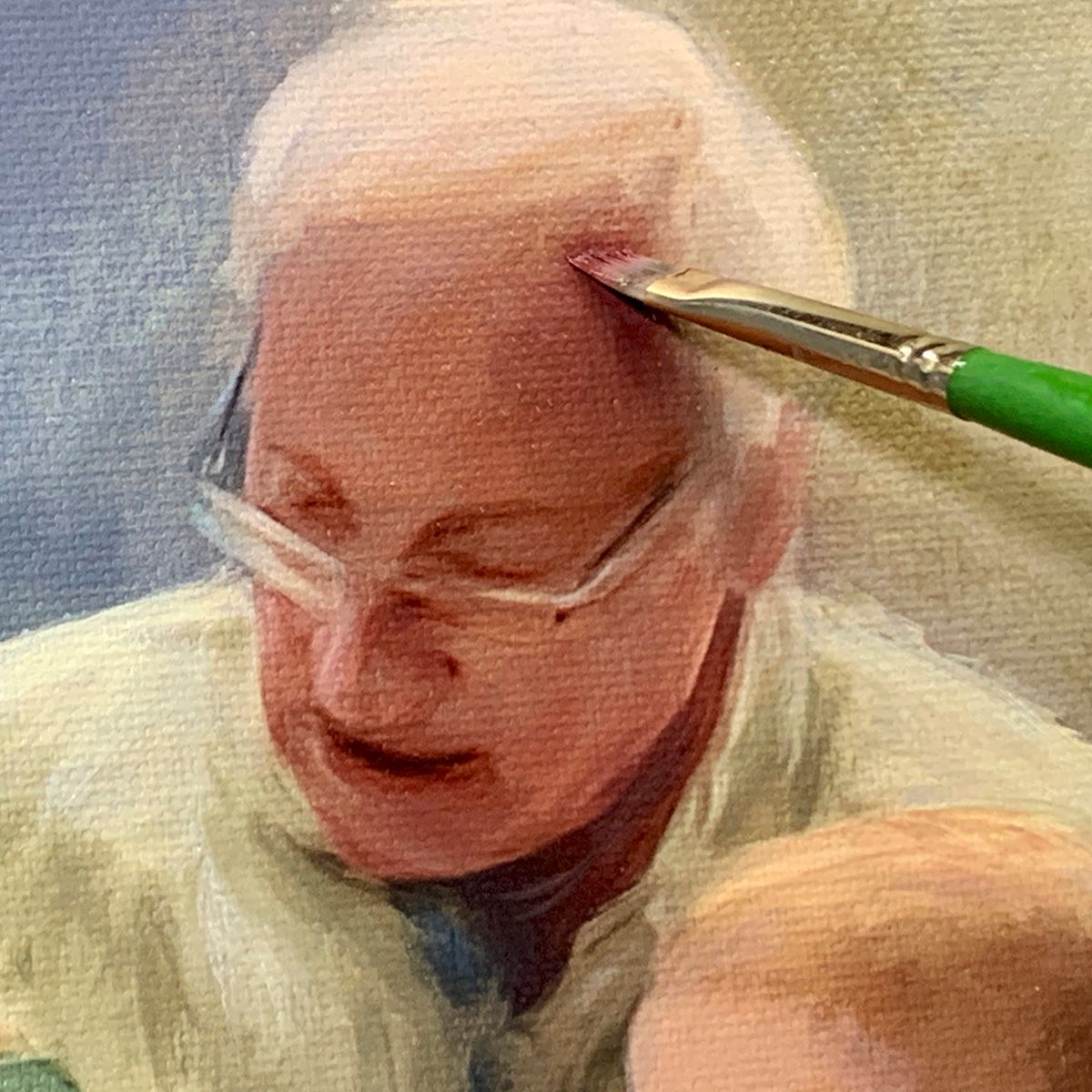 Close-up detail of an oil painting being worked on with a fine brush.