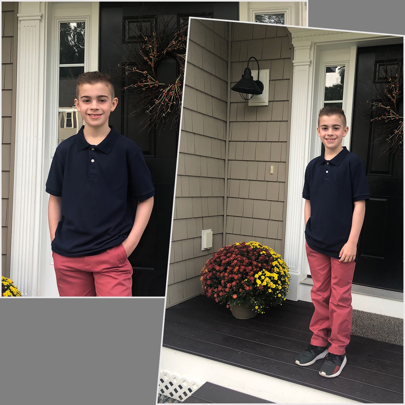 Two favorite client photos of a handsome young son, standing in front of the home. Blended as a reference file for a painting commission.