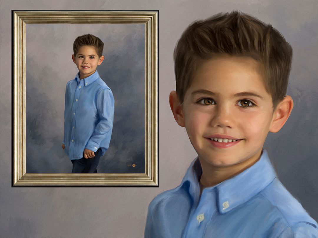 A painting commission depicting a young boy confidently standing and has a warm soft smile.