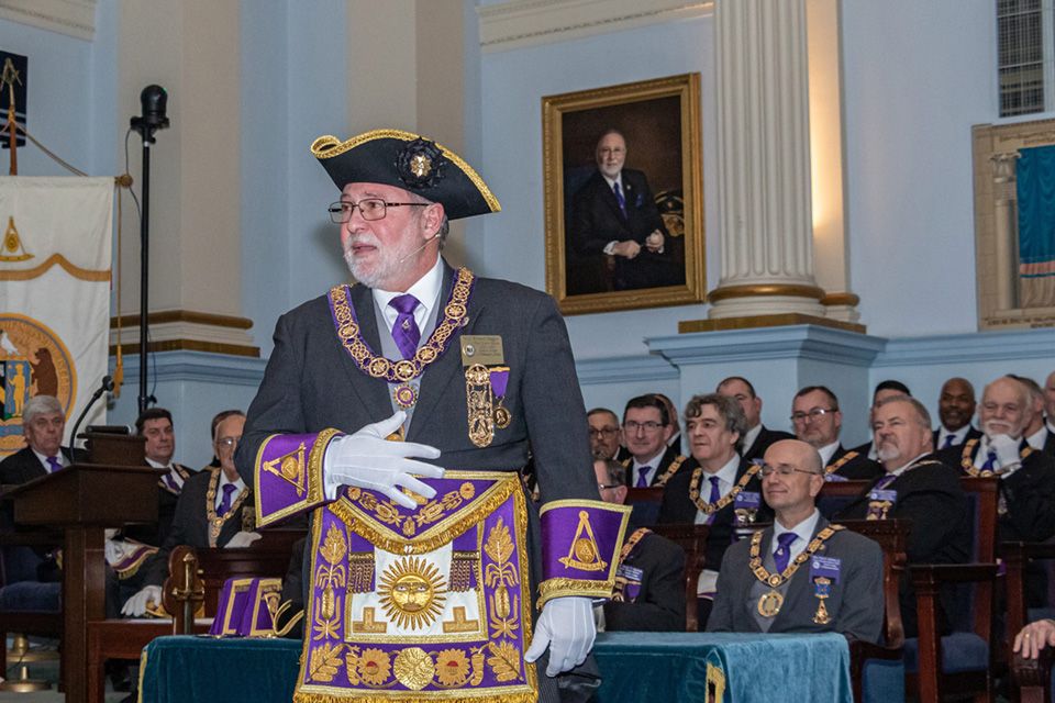 Ceremony to honor Grand Master Maggio and unveil a formal portrait painting by Bobbie Bush. In the Ionic Hall of the Grand Lodge in Boston.