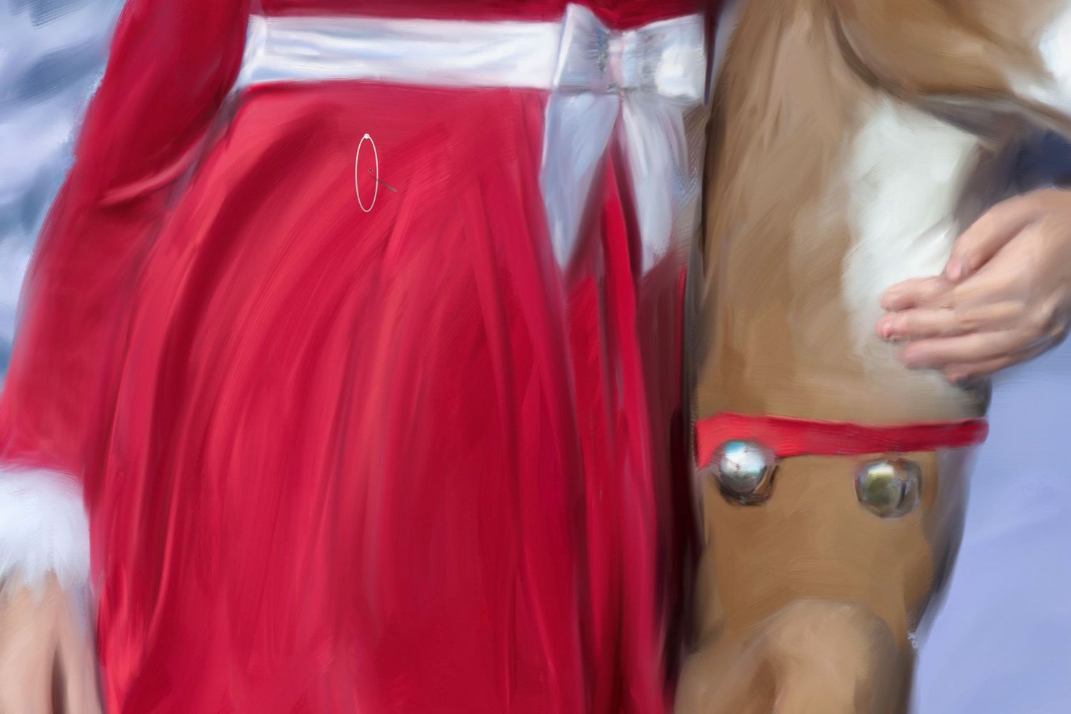 Close-up detail of a red santa dress with white ribbon bow and arm around a reindeer.