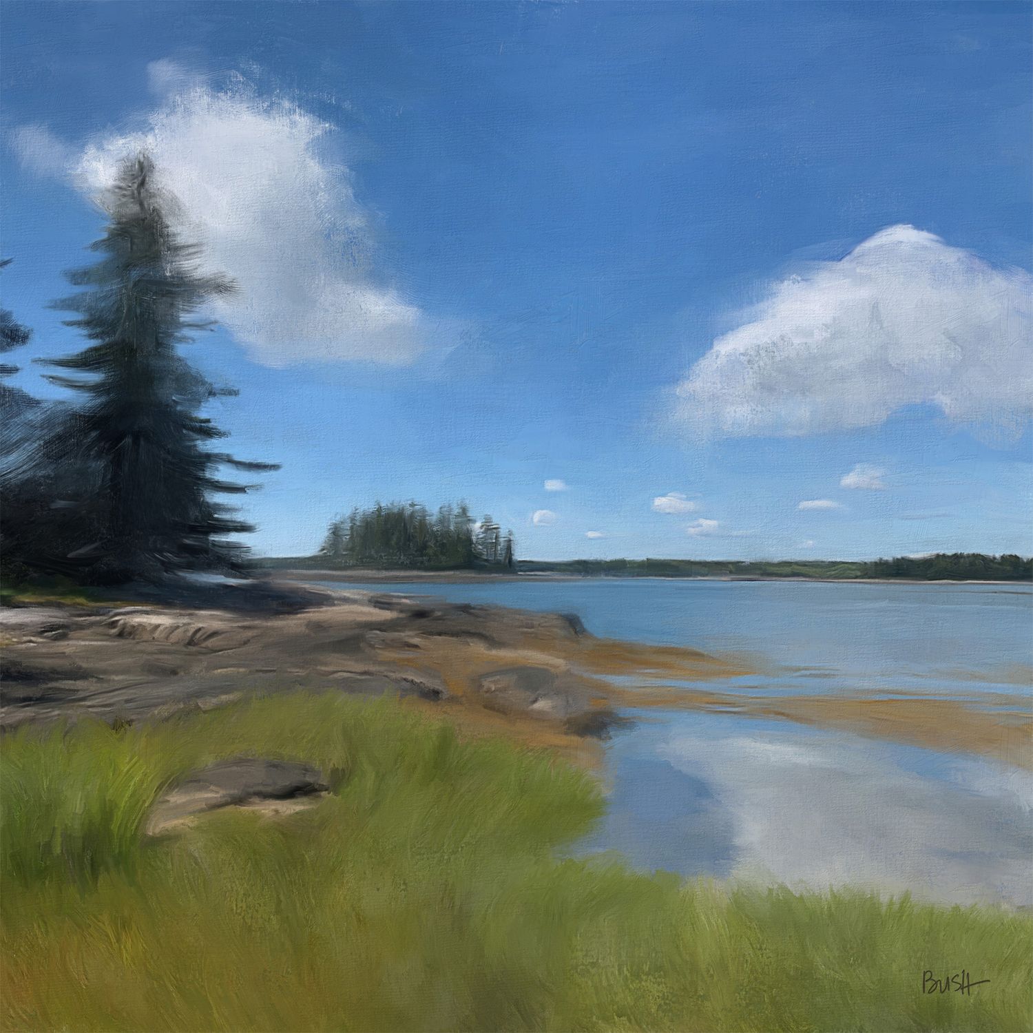 A rugged coastal Maine landscape painting with rich green seagrass under a bright blue sky.. Landscape painting by Bobbie Bush.