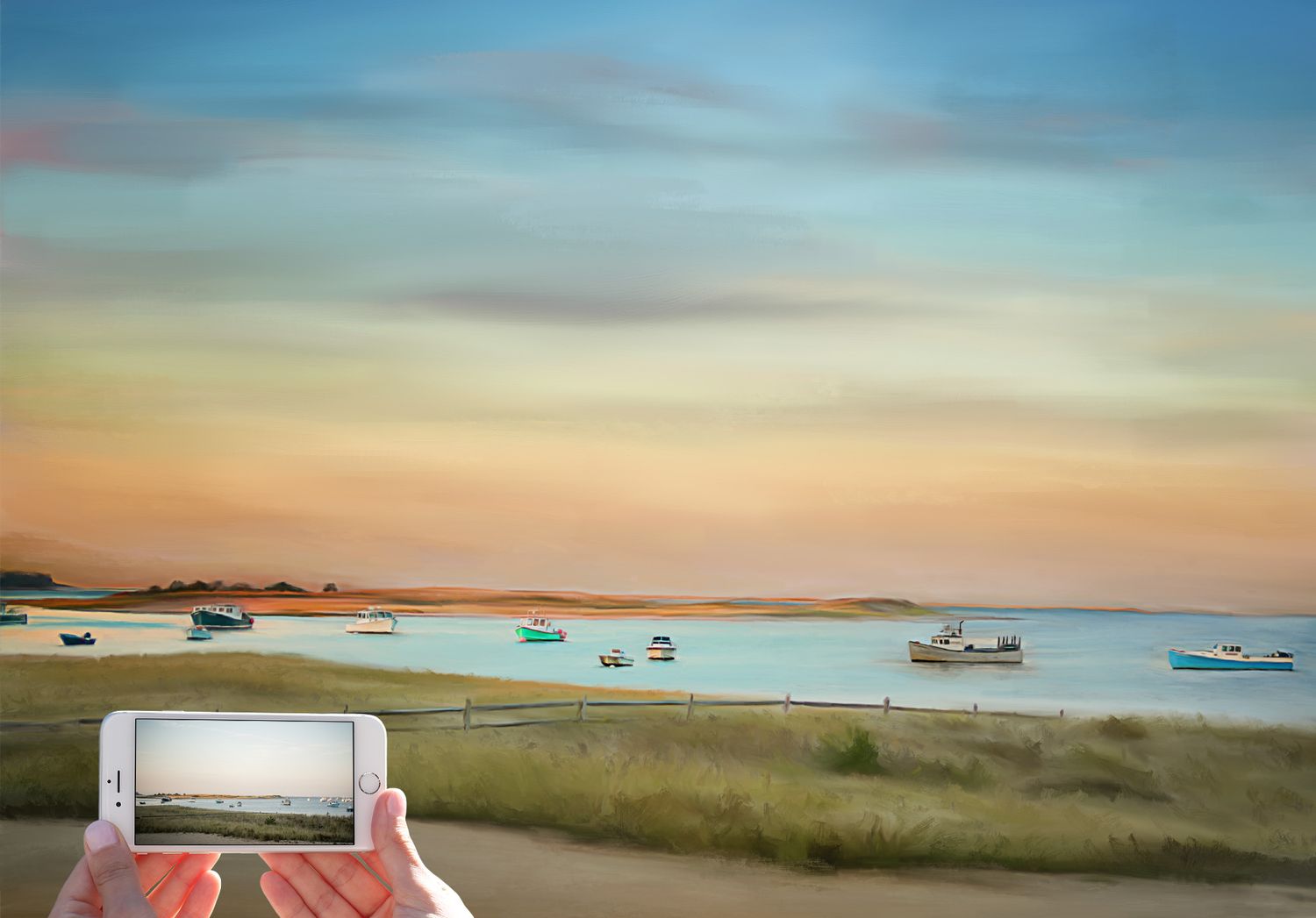 Before and after of a coastal landscape painting commission depicting boats in the harbor on calm waters during sunset.