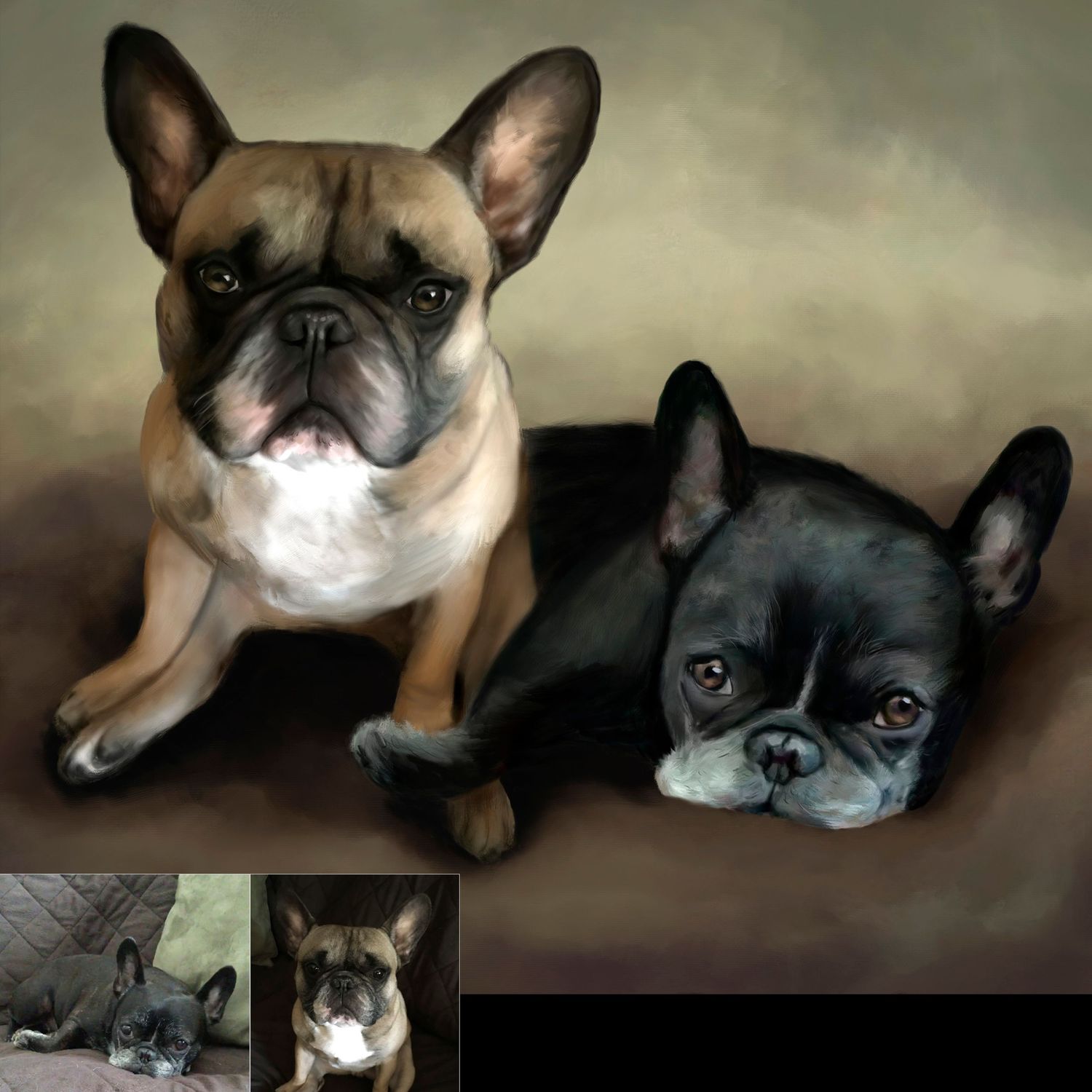 Before and after view of a memorial pet painting of two French Bulldogs, one tan and one black, shown with reference photos.