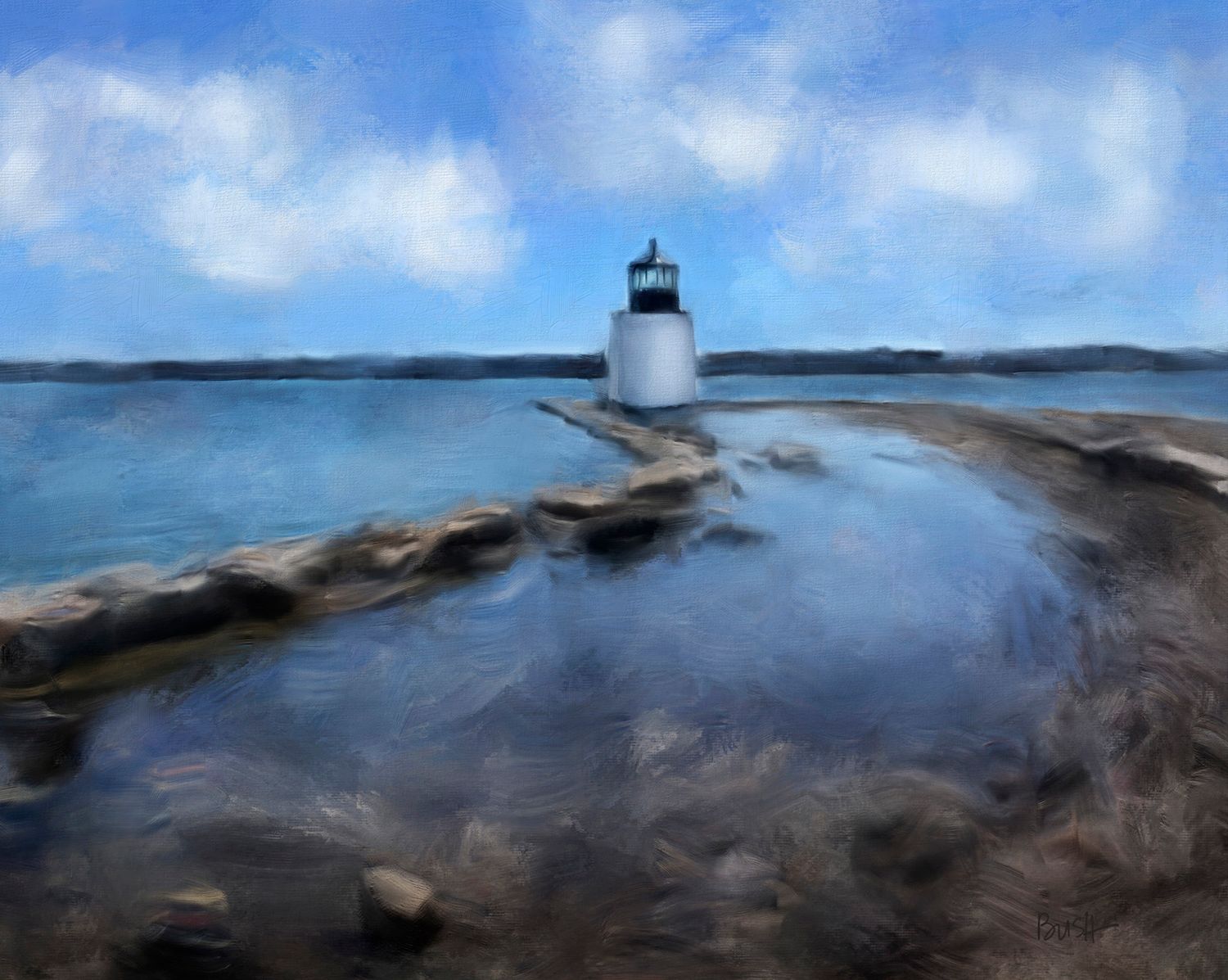 Lighthouse surrounded by an extreme high tide in Salem harbor, MA. Landscape painting by Bobbie Bush.