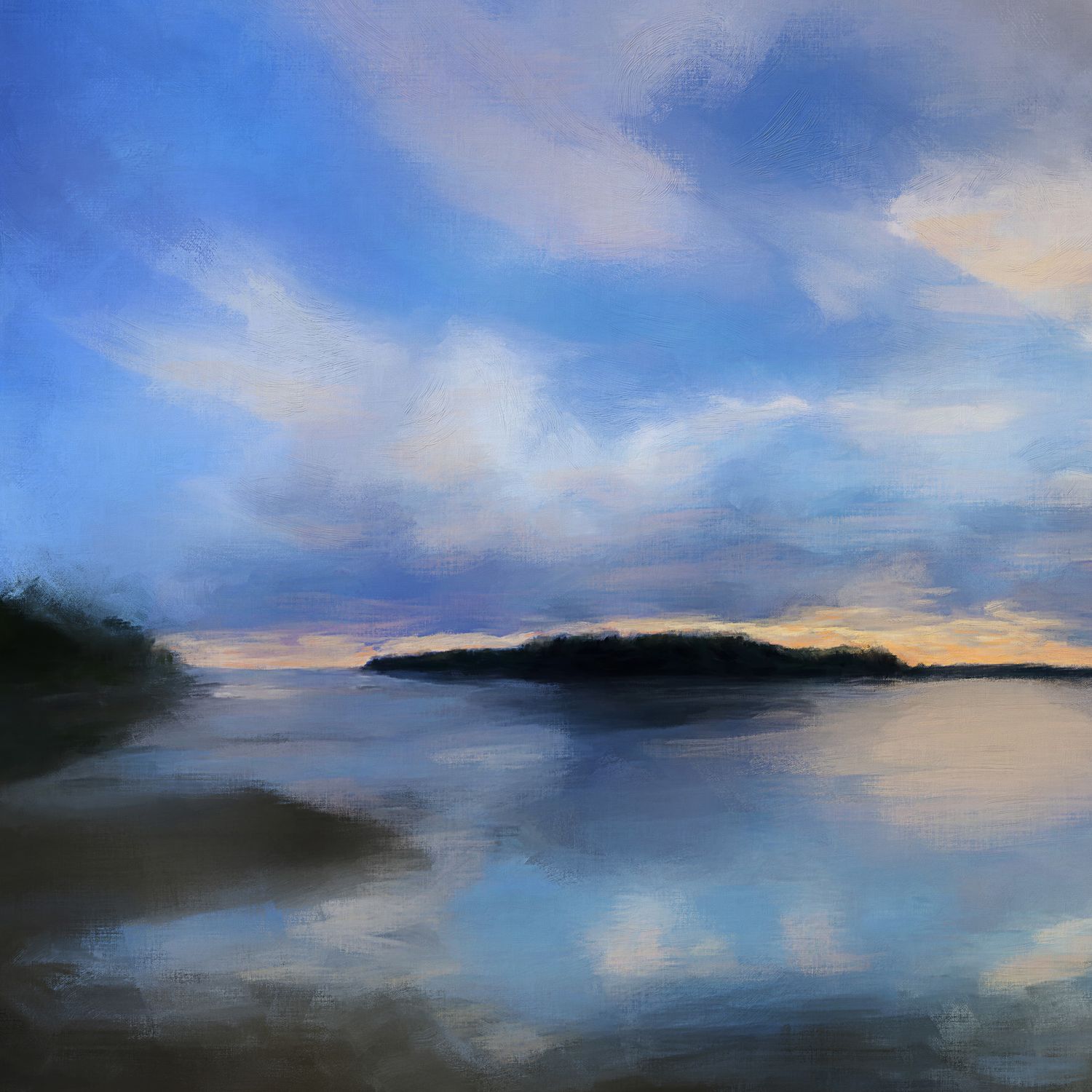 A tranquil sunset landscape painting by Bobbie Bush with soft blue sky reflecting on calm water along coastal Maine islands.
