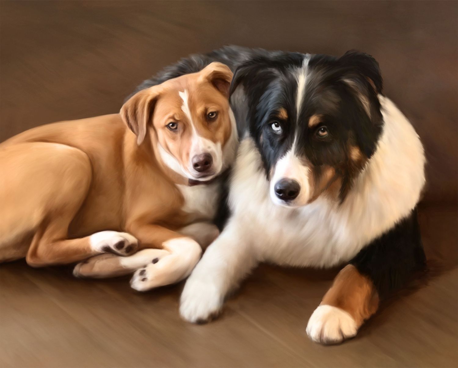 Painted portrait of two dogs - a tan mixed breed and black and white collie snuggled up together.