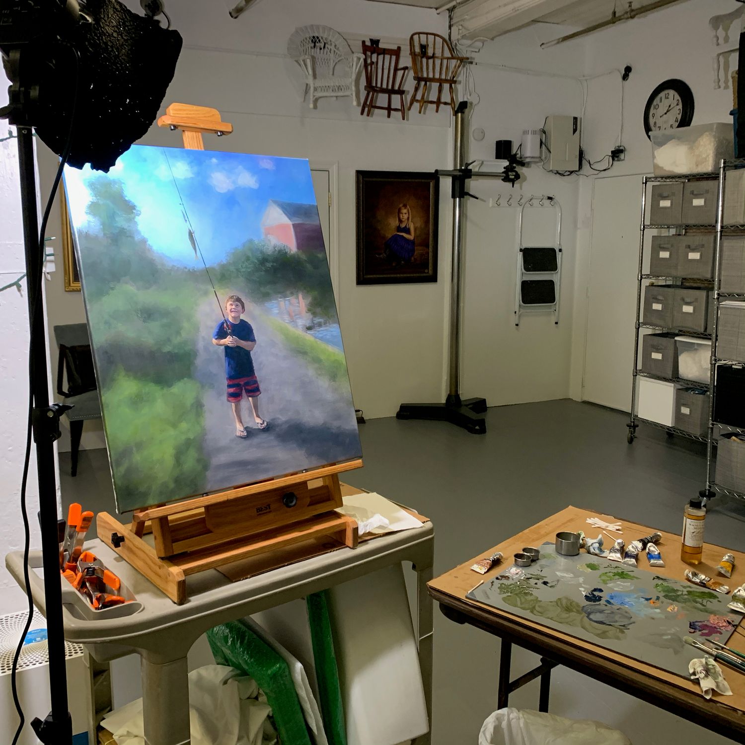 Behind the scenes in Bobbie Bush's art studio showing an easel with work in progress.