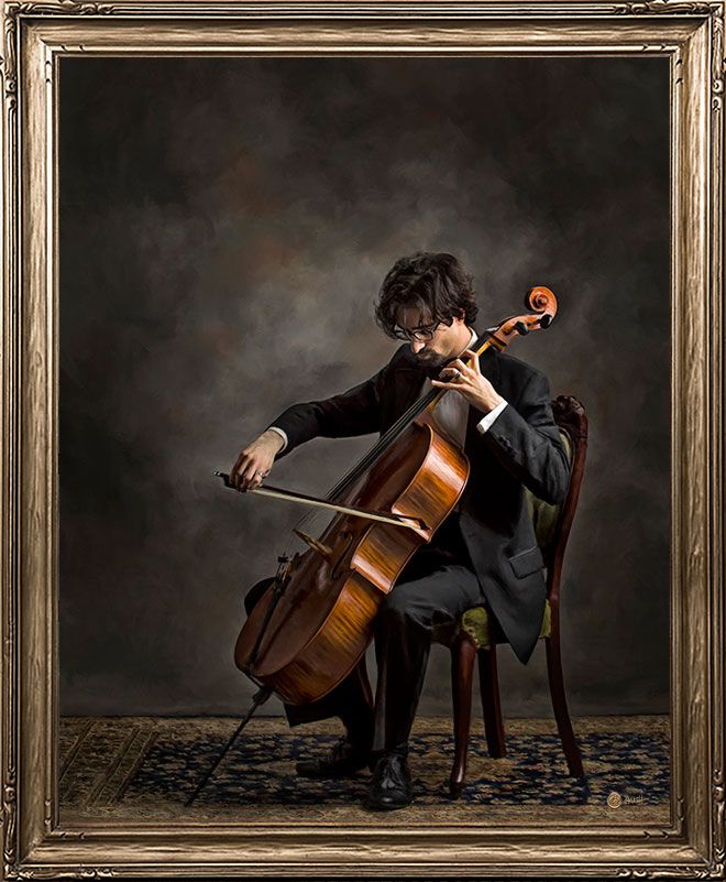 Artistic portrait painting of a musician playing cello while seated in an antique chair against smoky painterly backdrop.