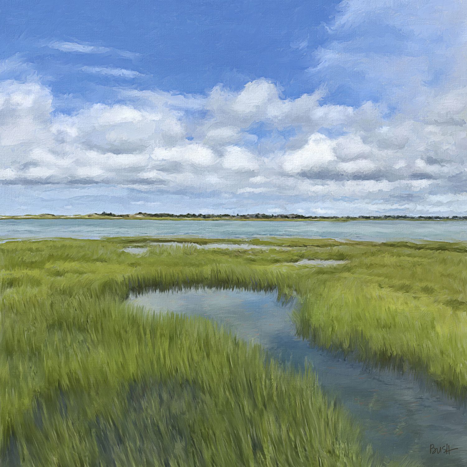 Winding inlet through vibrant green salt marsh under dramatic cloudy sky on Cape Cod MA. Landscape painting by Bobbie Bush.