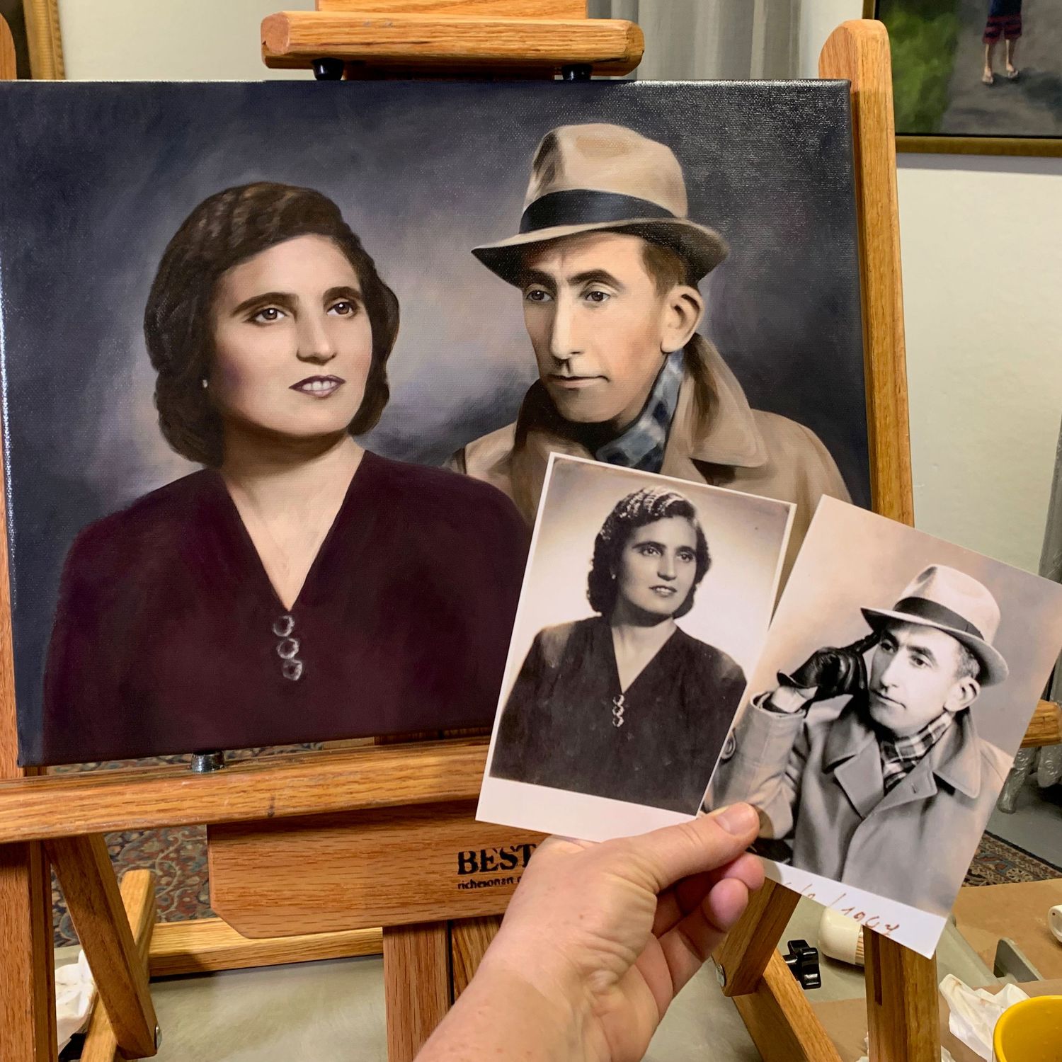 A memorial painting created from a pair of vintage family photos. Before and after view, side by side with the finished painting.