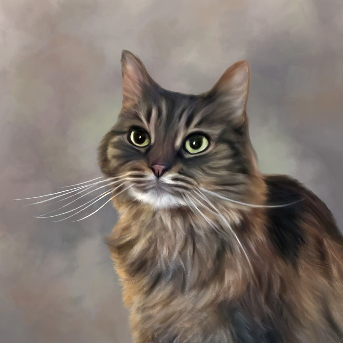 A stunning pet portrait commission of a majestic long-haired cat with green eyes.